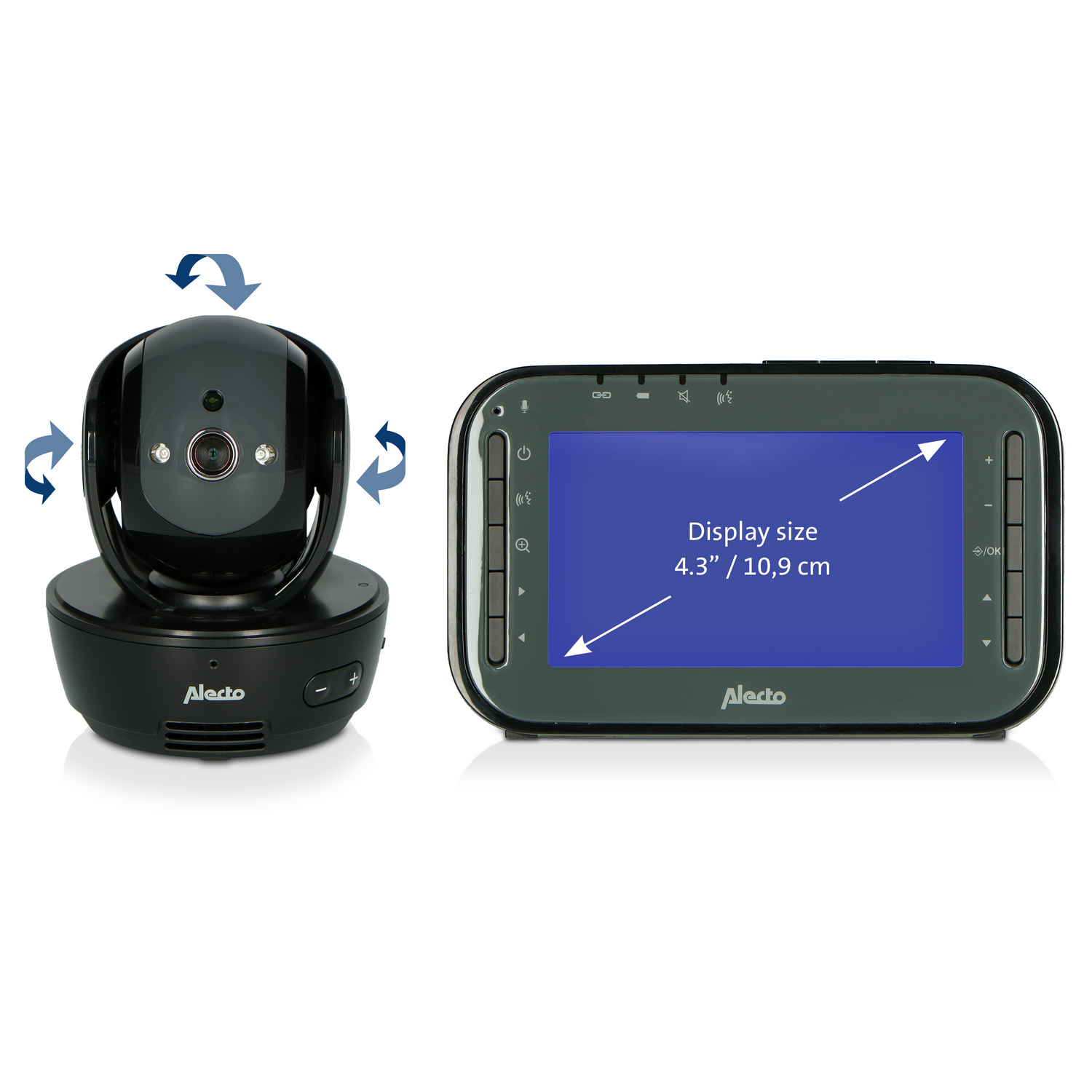 Ein schwarzer Baby Monitor mit Kamera und Bildschirm. Pfeile zeigen Drehrichtung.