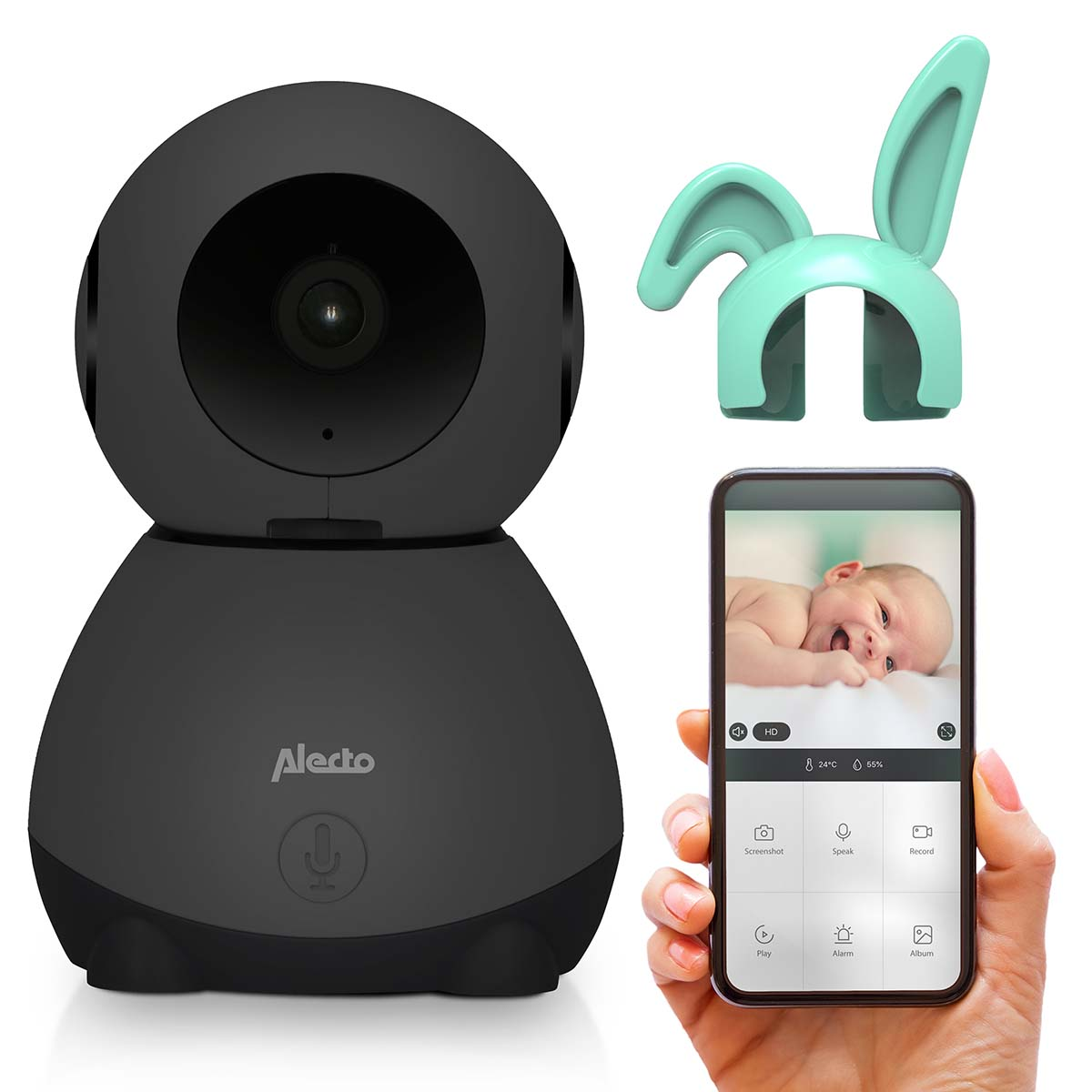 Un babyphone noir avec un téléphone montrant un bébé et des oreilles de lapin.