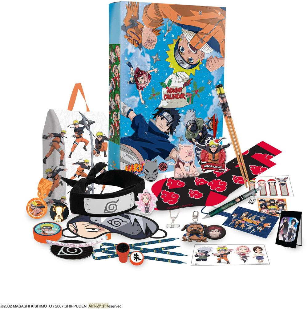 Naruto-Adventskalender mit Figuren, Socken, Haarreifen und mehr.