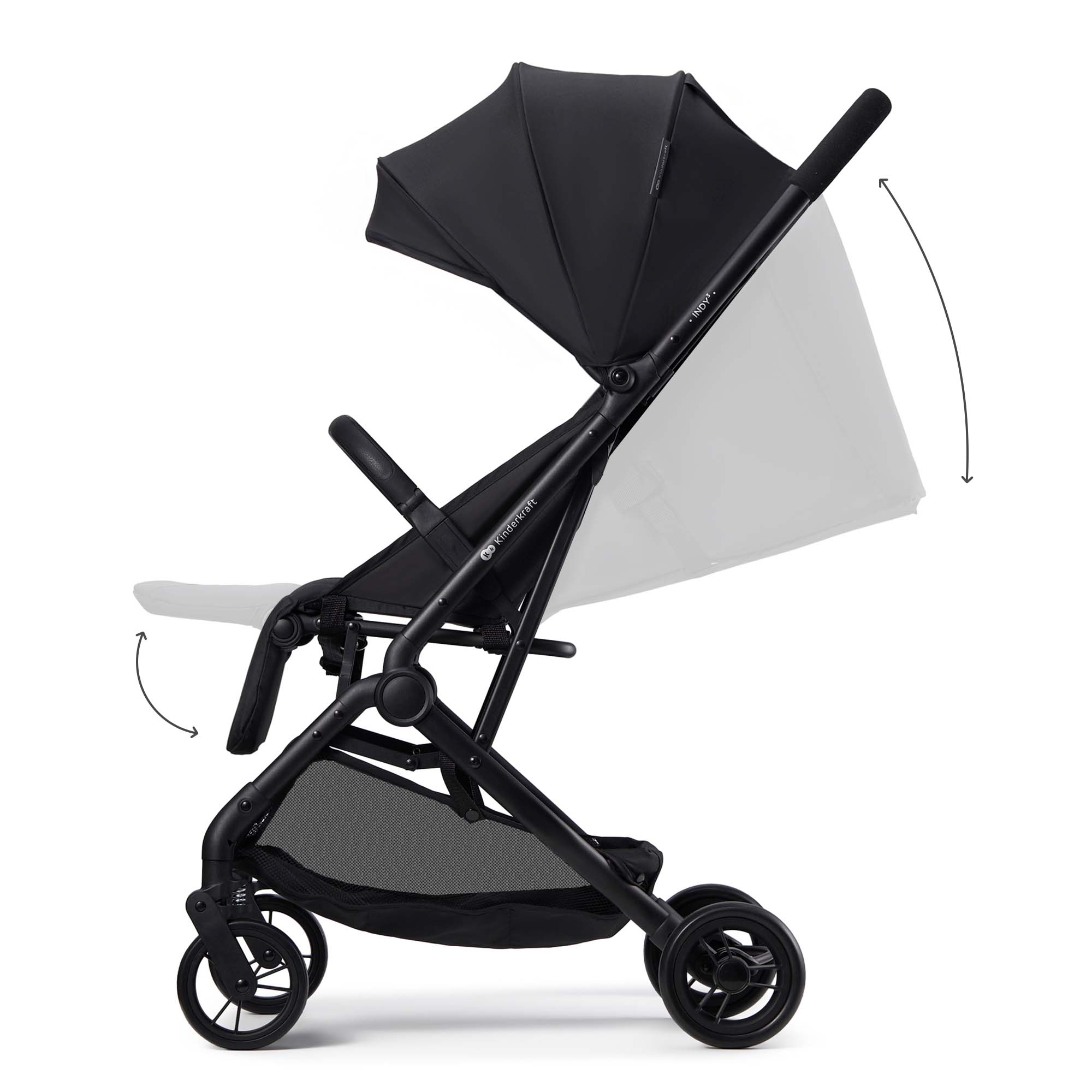 Ein schwarzer Kinderwagen mit verstellbarem Verdeck und Griff.