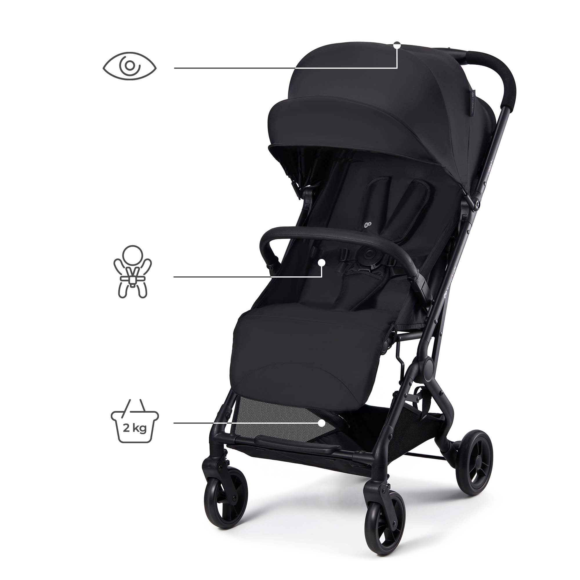 Ein schwarzer Kinderwagen mit Verdeck, Anschnallgurt und Einkaufskorb.