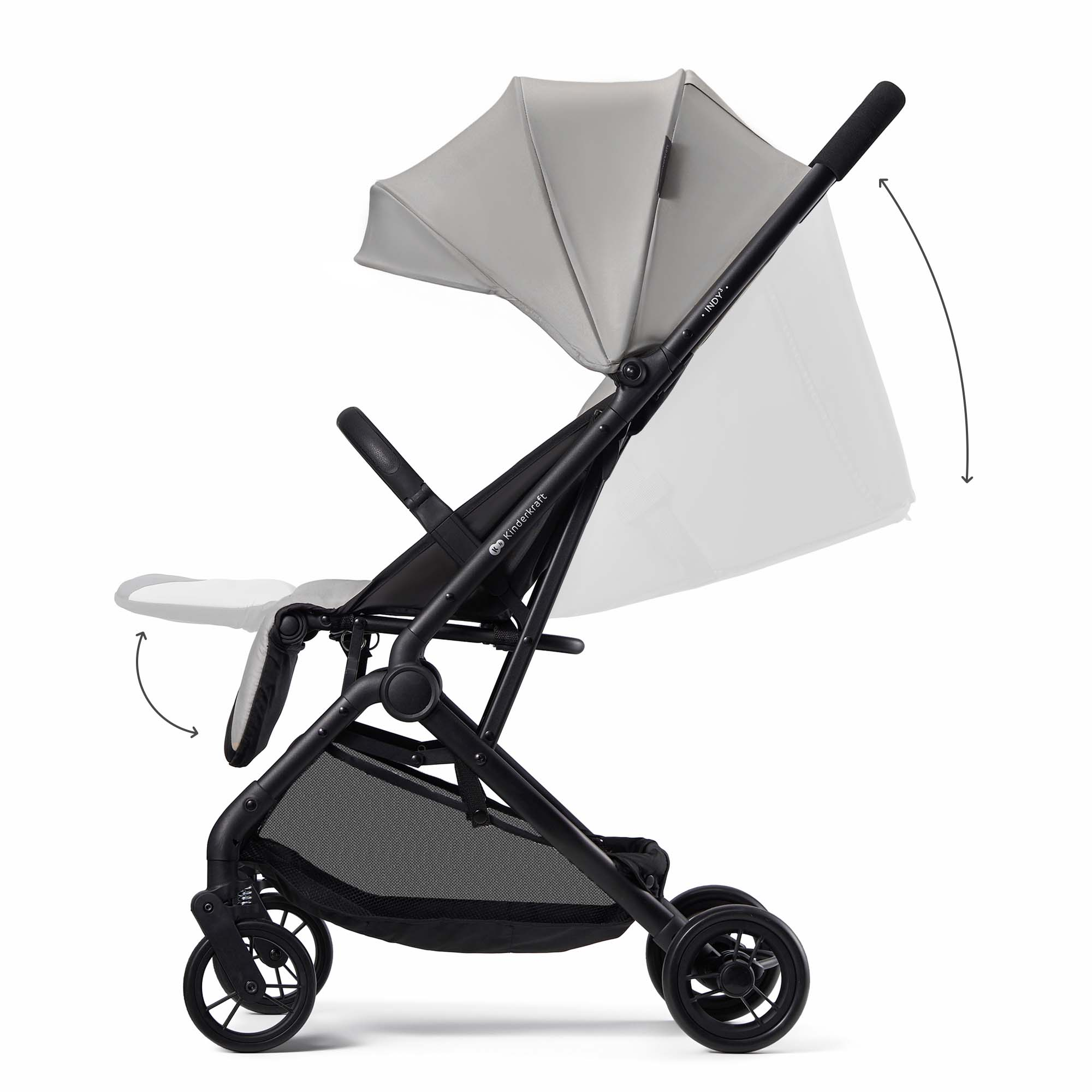 Ein grauer Kinderwagen mit schwarzem Gestell und Rädern auf weißem Hintergrund.