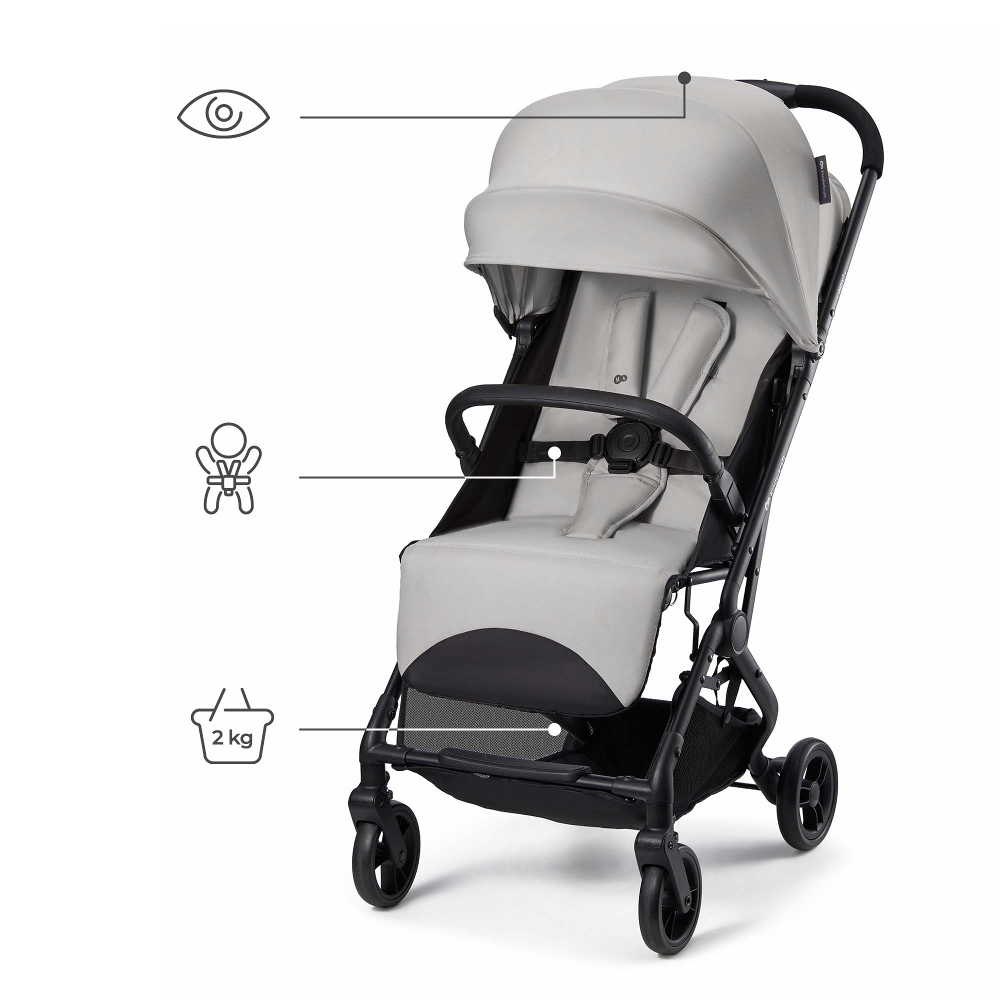 Ein leichter grauer Kinderwagen mit schwarzem Rahmen und Verdeck.