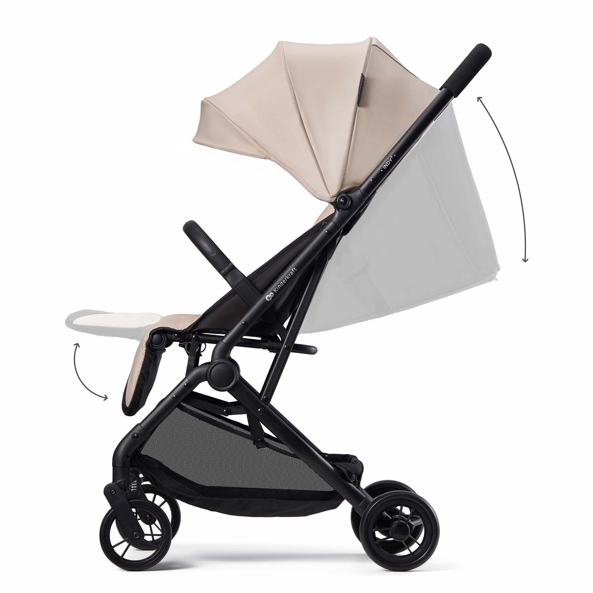 Ein leichter, beiger Kinderwagen mit schwarzem Rahmen und Rädern.