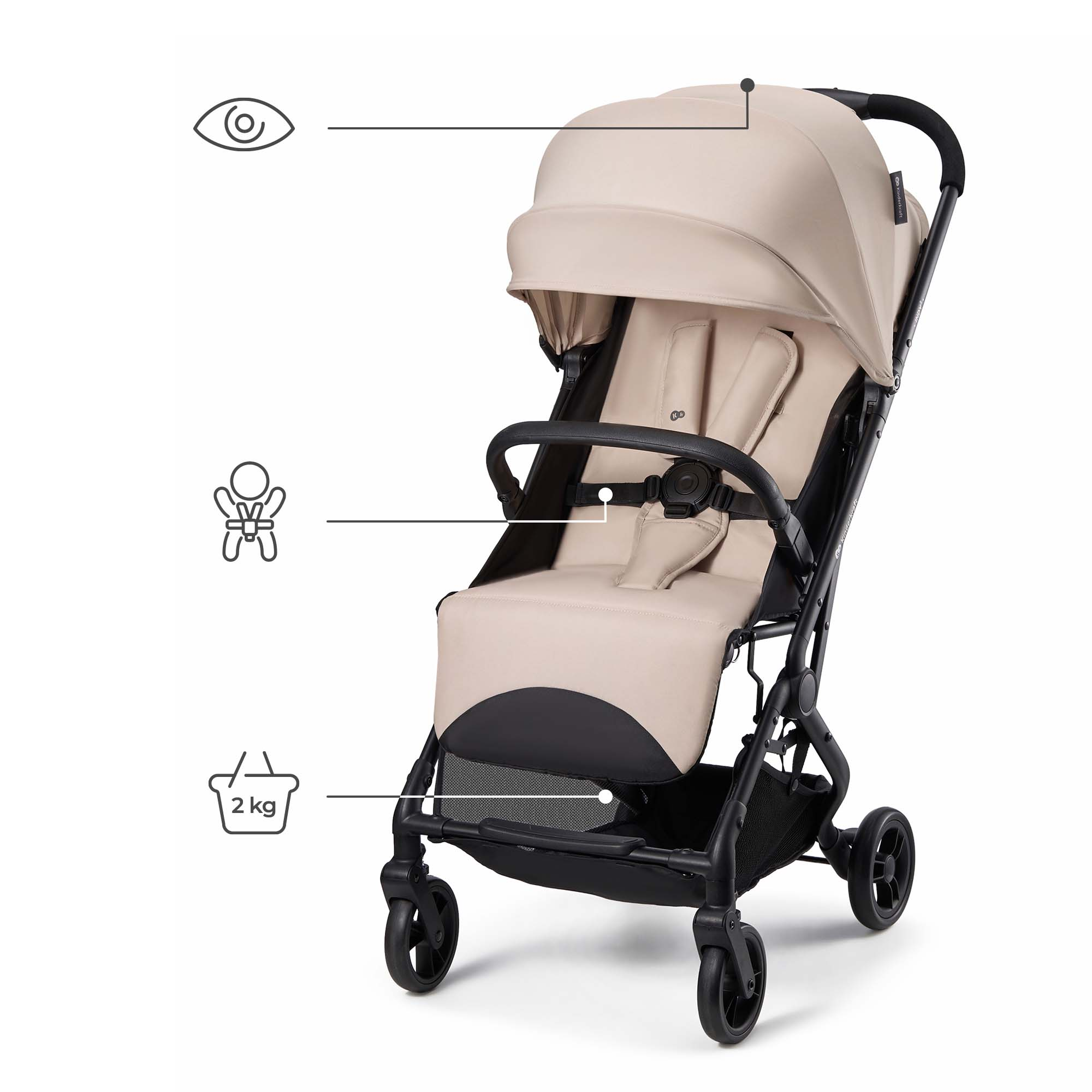 Ein beiger Kinderwagen mit schwarzem Rahmen und Griff, auf weißem Hintergrund.