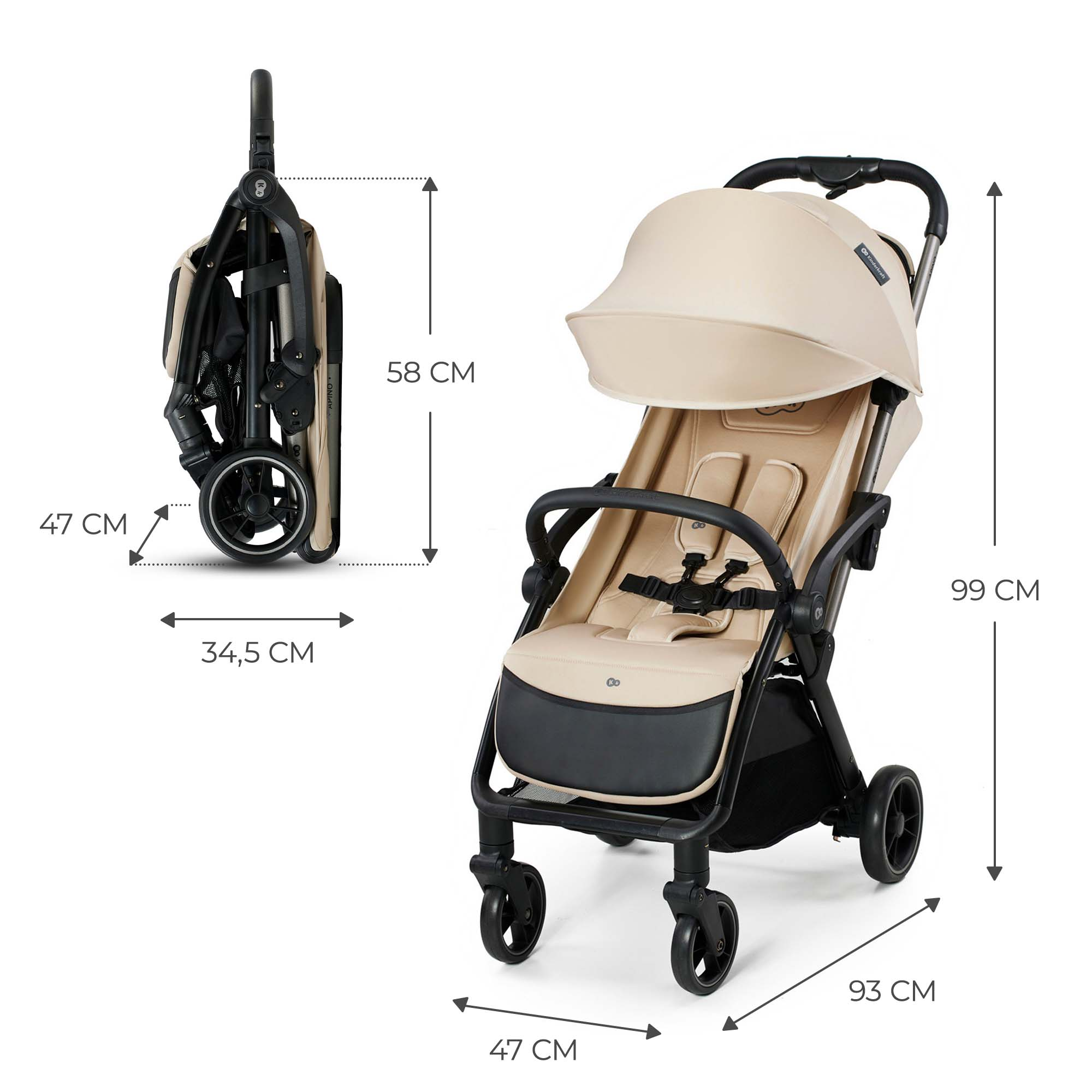 Ein beiger Kinderwagen ist ausgestellt, zusammengeklappt und aufgestellt, mit Maßen.