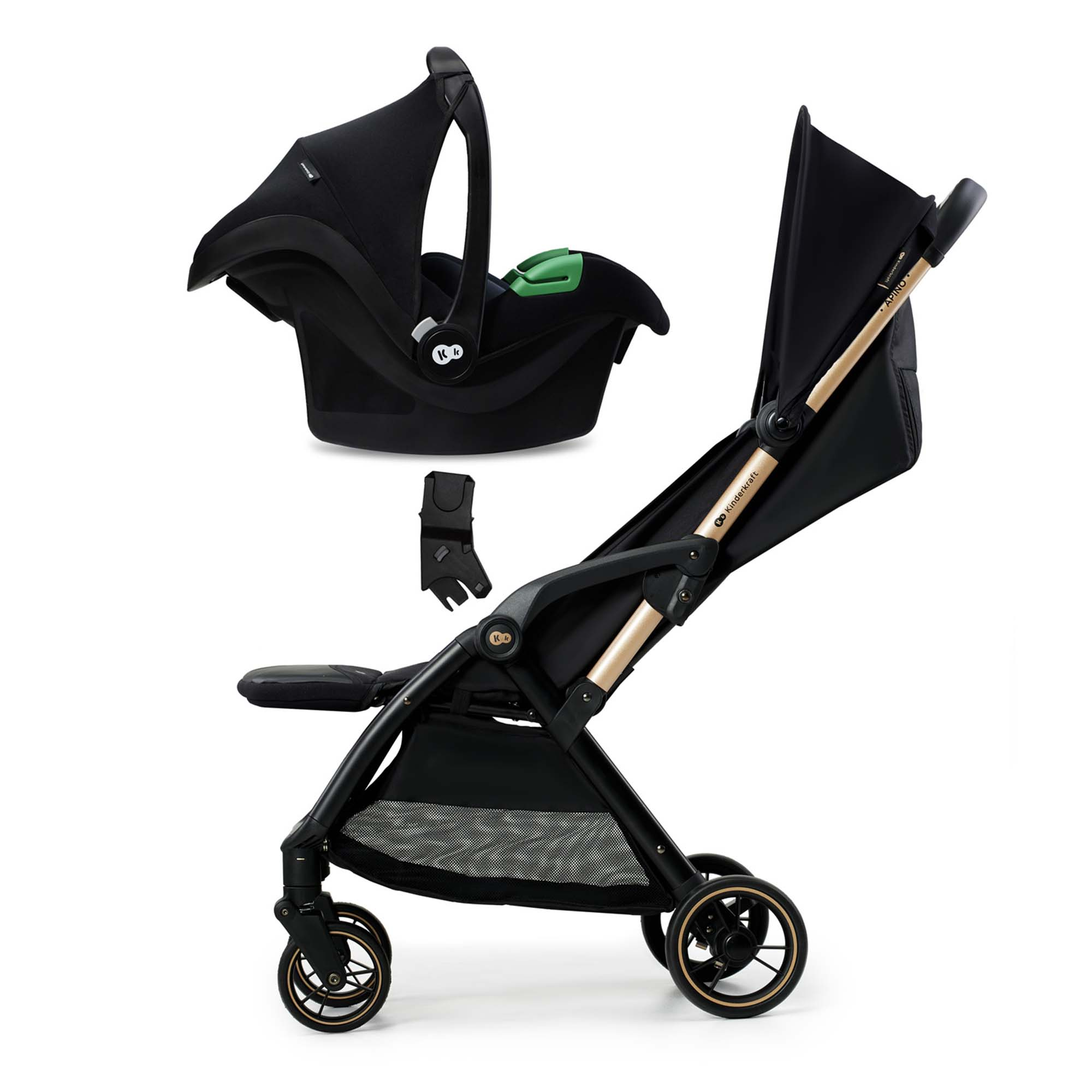 Schwarzer Kinderwagen mit Babyschale und Adapter auf weißem Hintergrund.