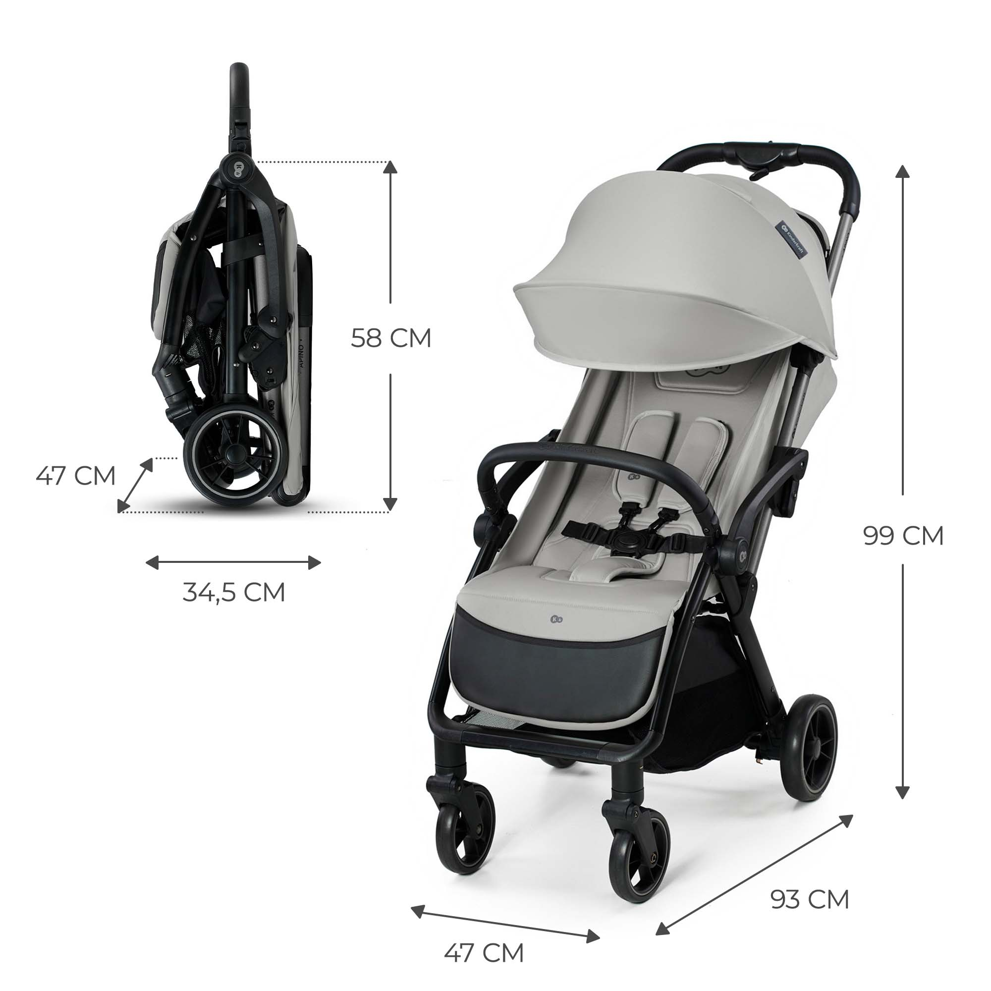 Ein leichter, grauer Kinderwagen, zusammengeklappt und ausgefahren, mit Maßen.