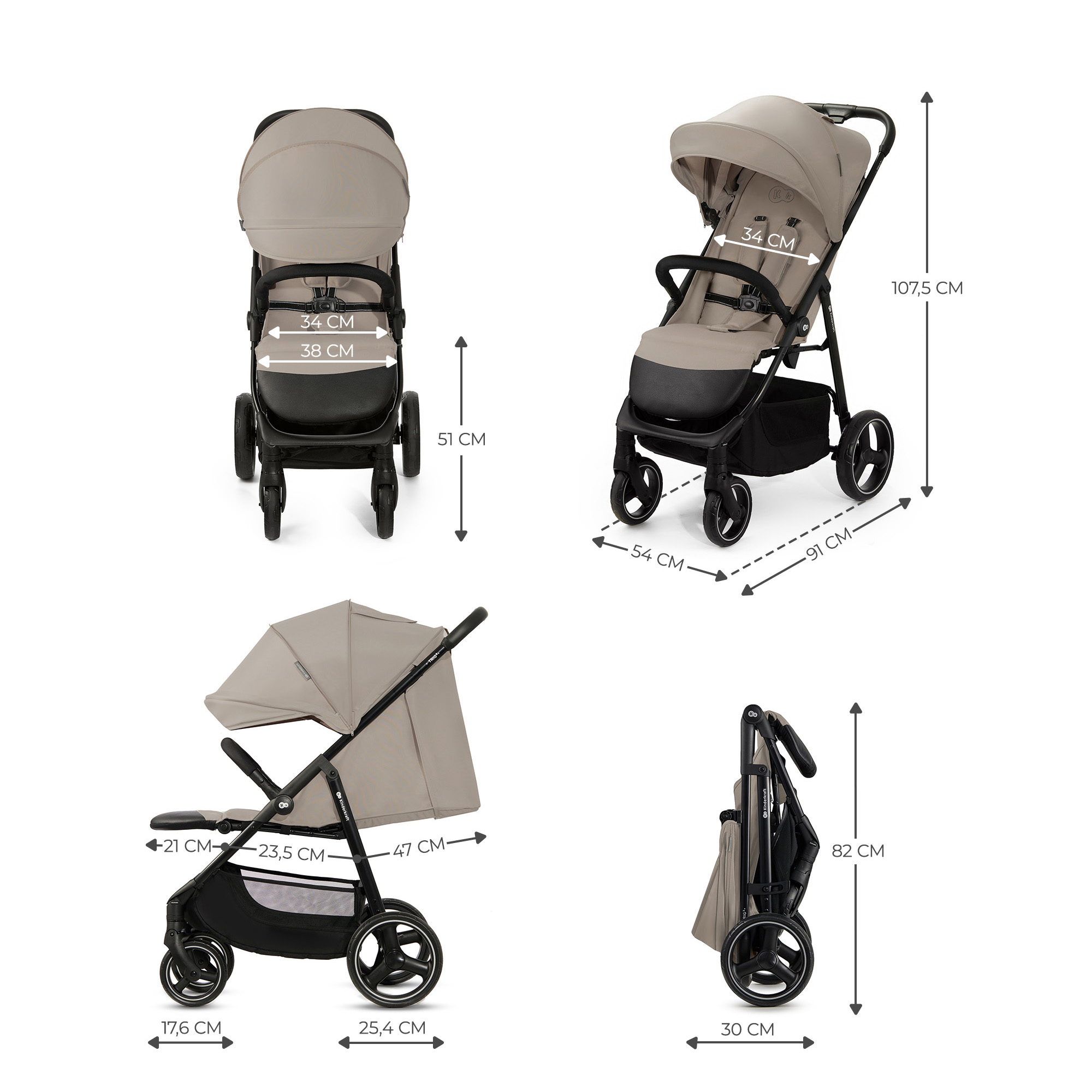 Ein beiger Kinderwagen in verschiedenen Ansichten, mit Maßangaben.