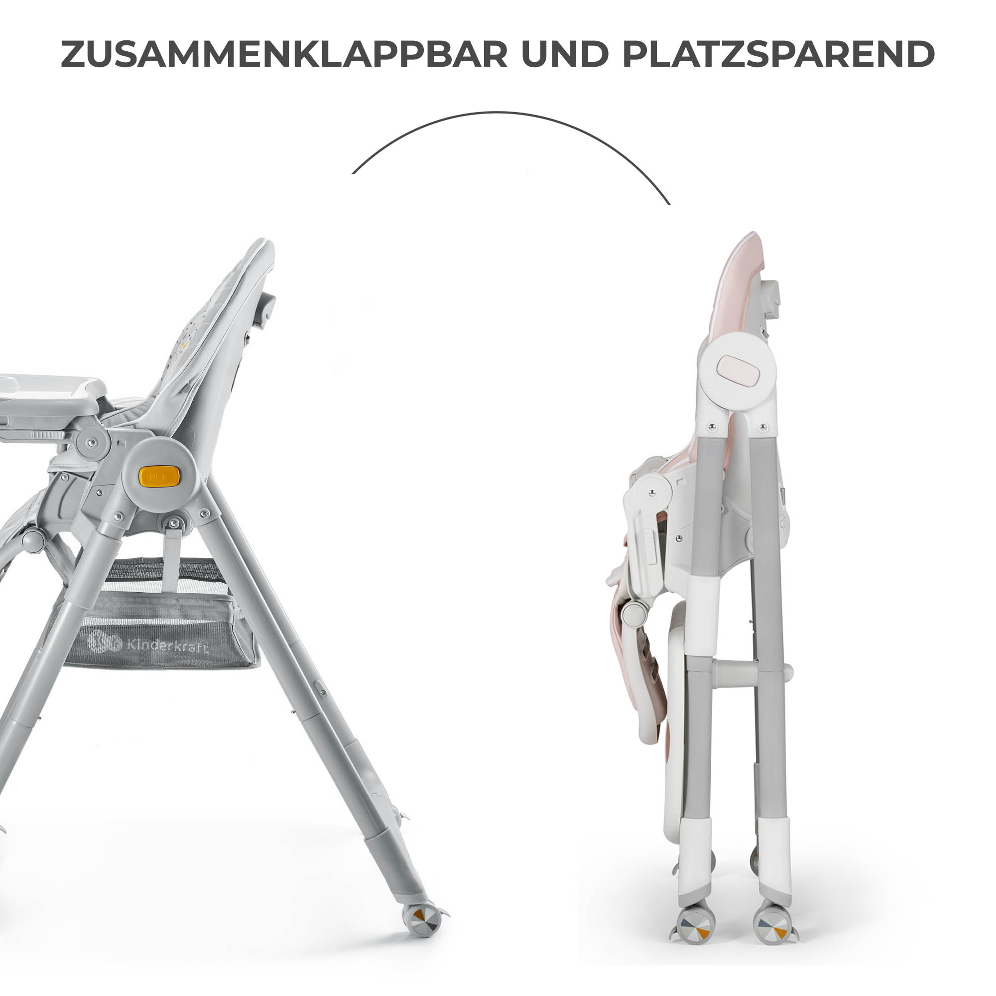 Ein zusammenklappbarer Hochstuhl in Grau und ein rosa Hochstuhl, zusammengeklappt.