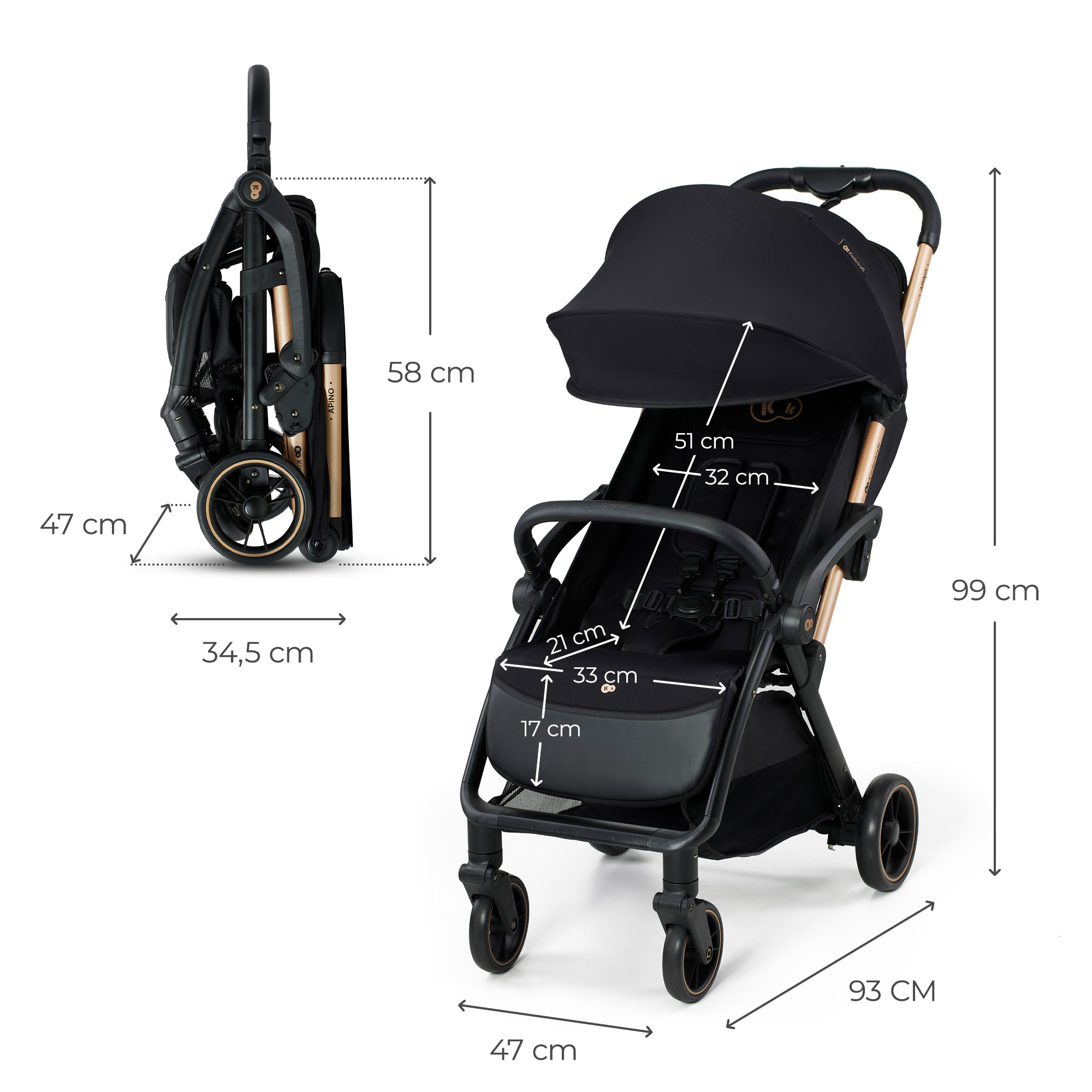 Schwarzer Kinderwagen mit Maßen: 99cm hoch, 93cm lang, 47cm breit.