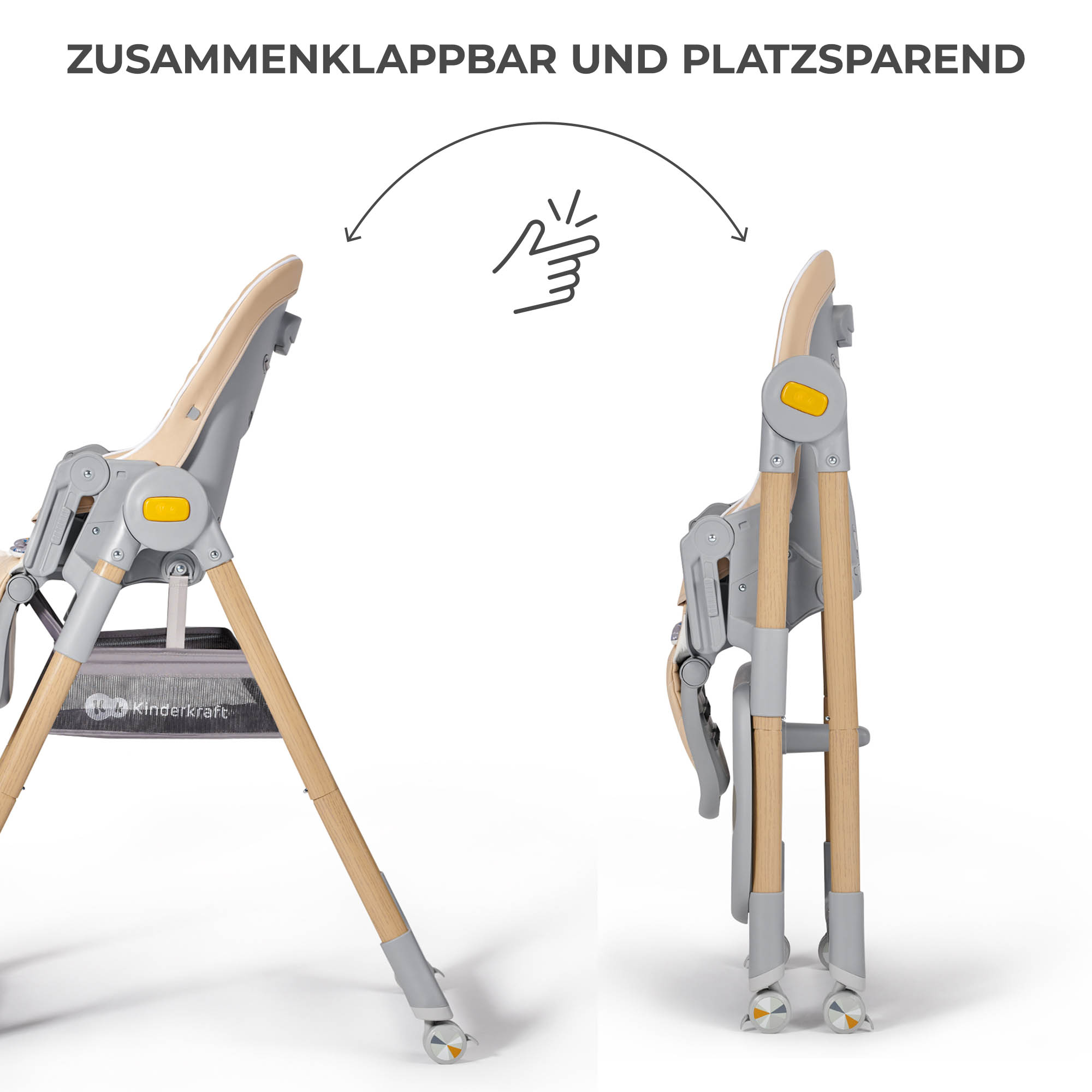 Ein Kinderhochstuhl in geöffneter und zusammengeklappter Position.