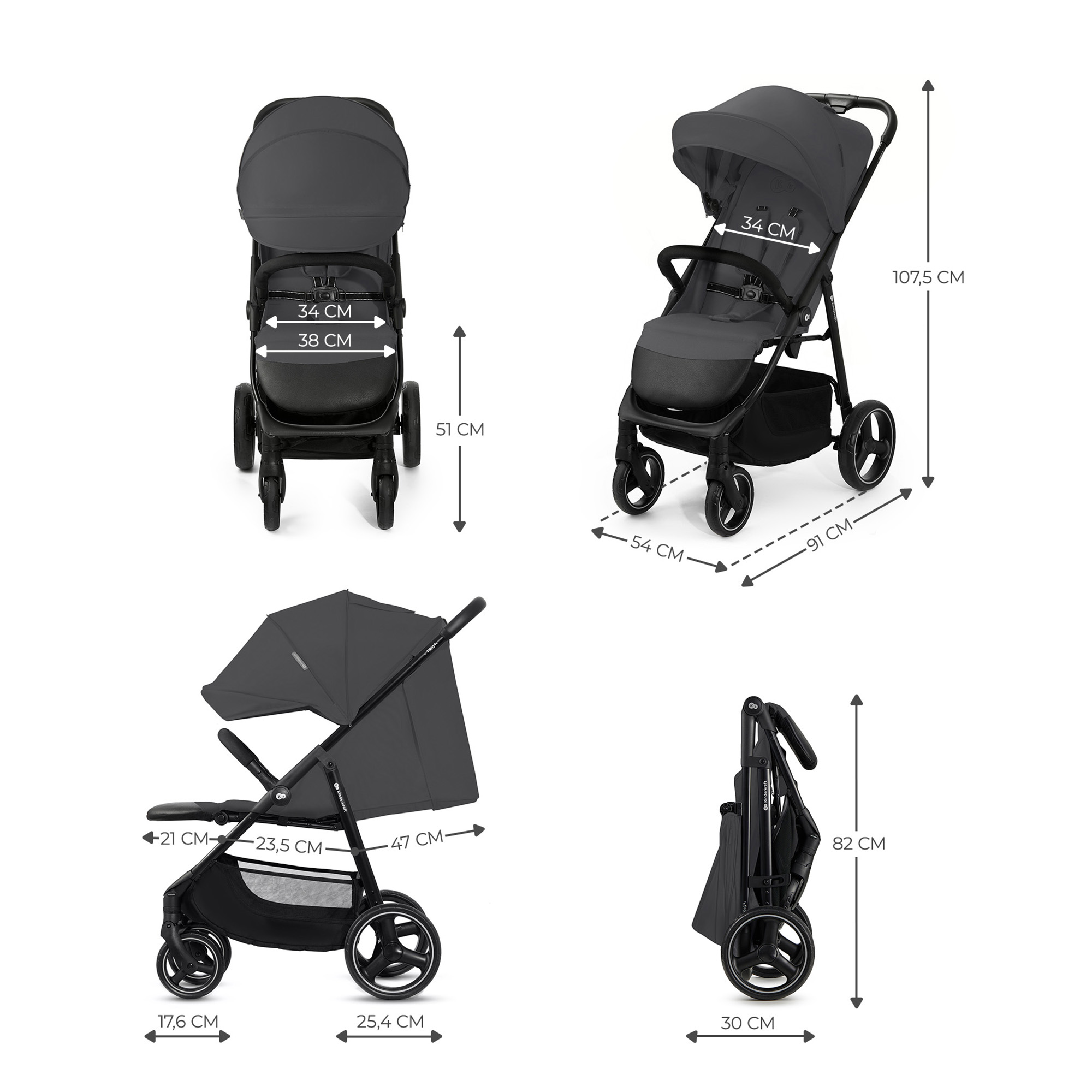 Ein grauer Kinderwagen wird von vorne, Seite, unten und zusammengeklappt gezeigt.