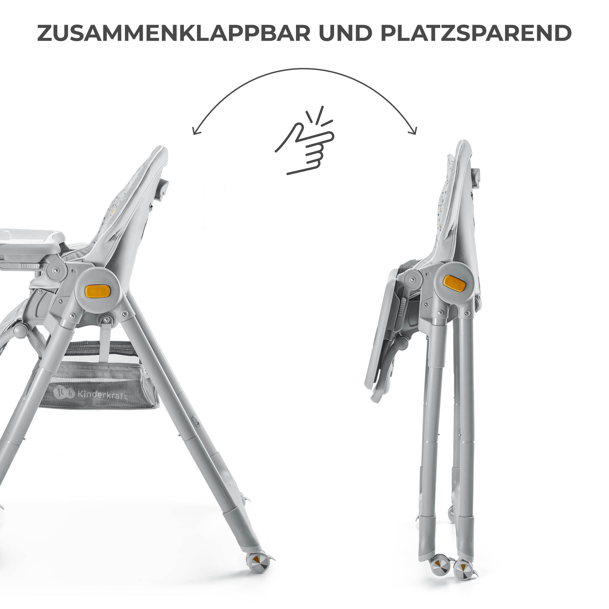 Ein grauer Kinderhochstuhl, der zusammenklappbar und platzsparend ist.