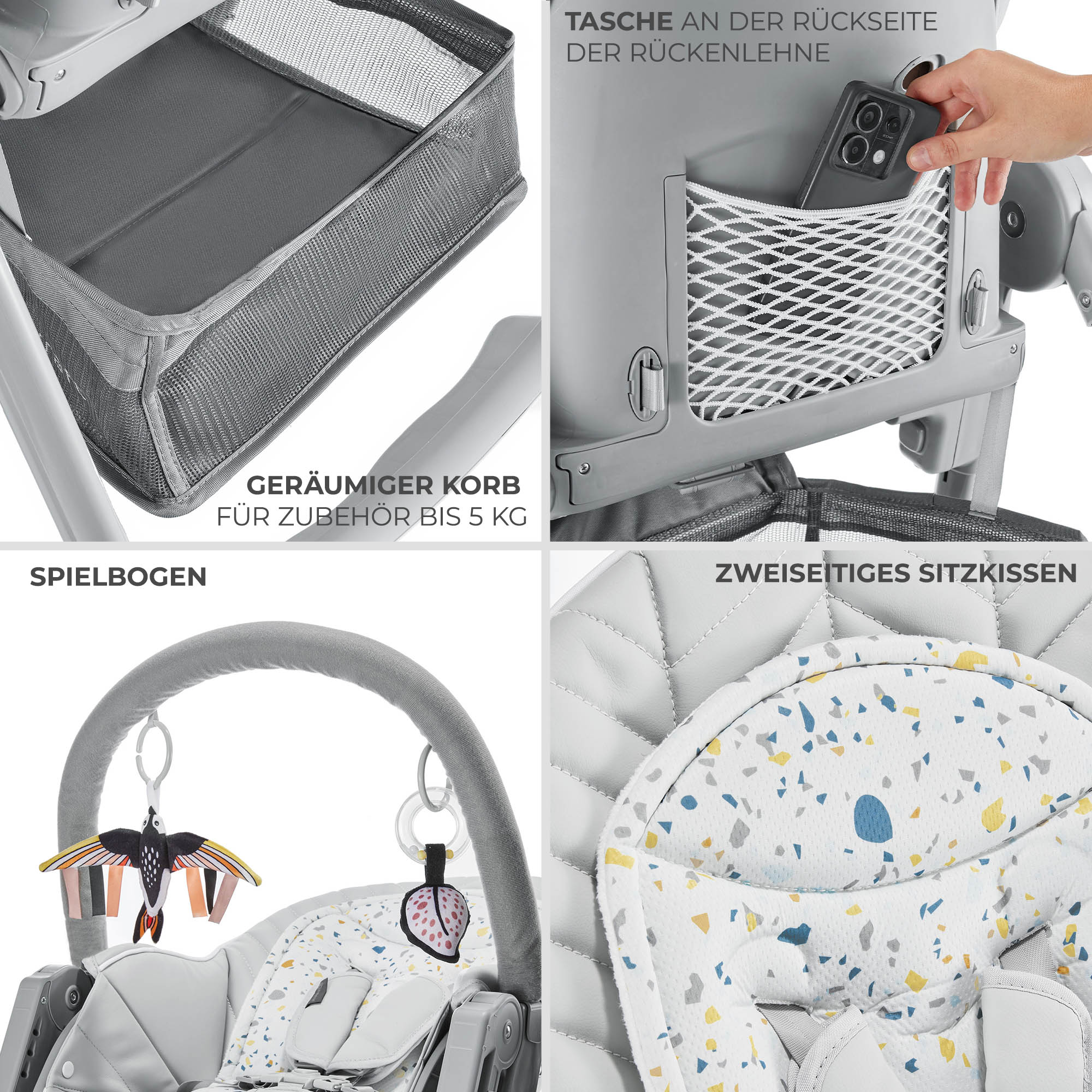 Ein Babywippen-Set mit Spielbogen, Korb, Tasche und Sitzkissen.