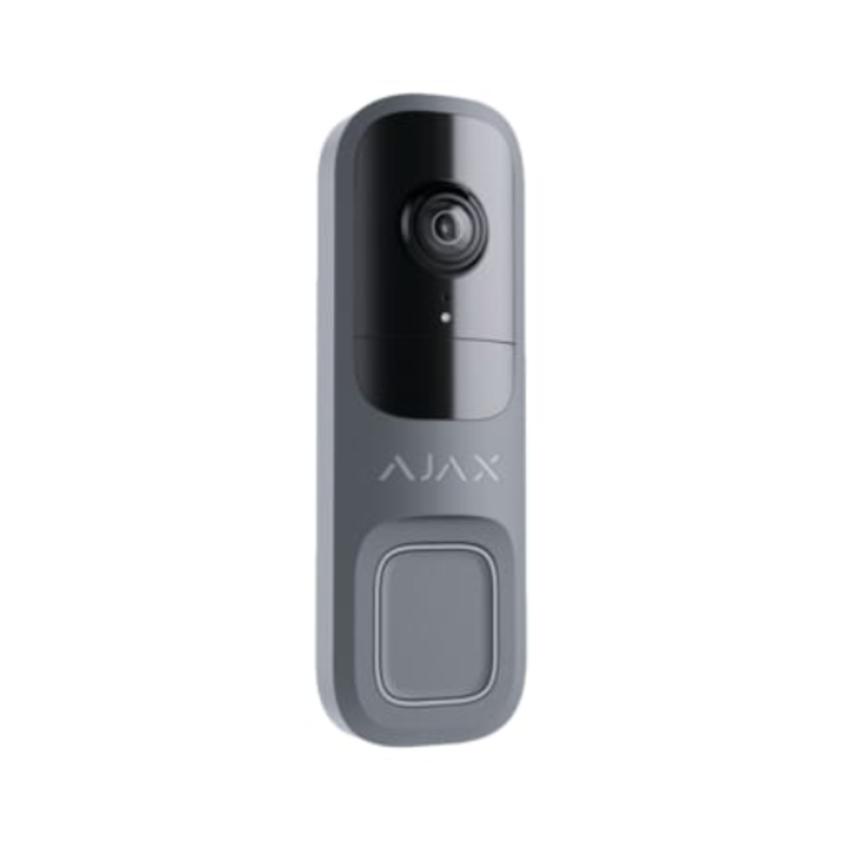 Carcasa gris de timbre Ajax con lente de cámara negra y botón de timbre.