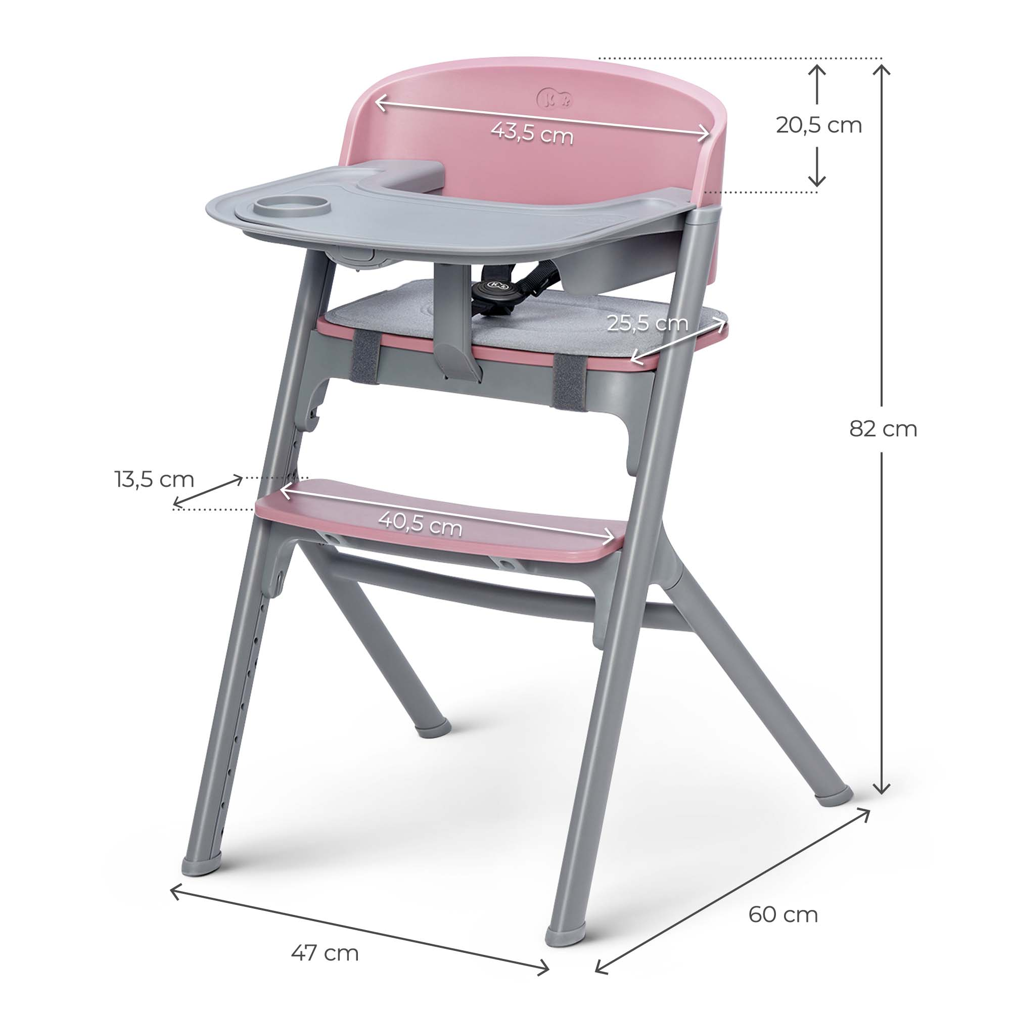 Ein rosa Kinderhochstuhl mit grauen Elementen und Maßangaben.