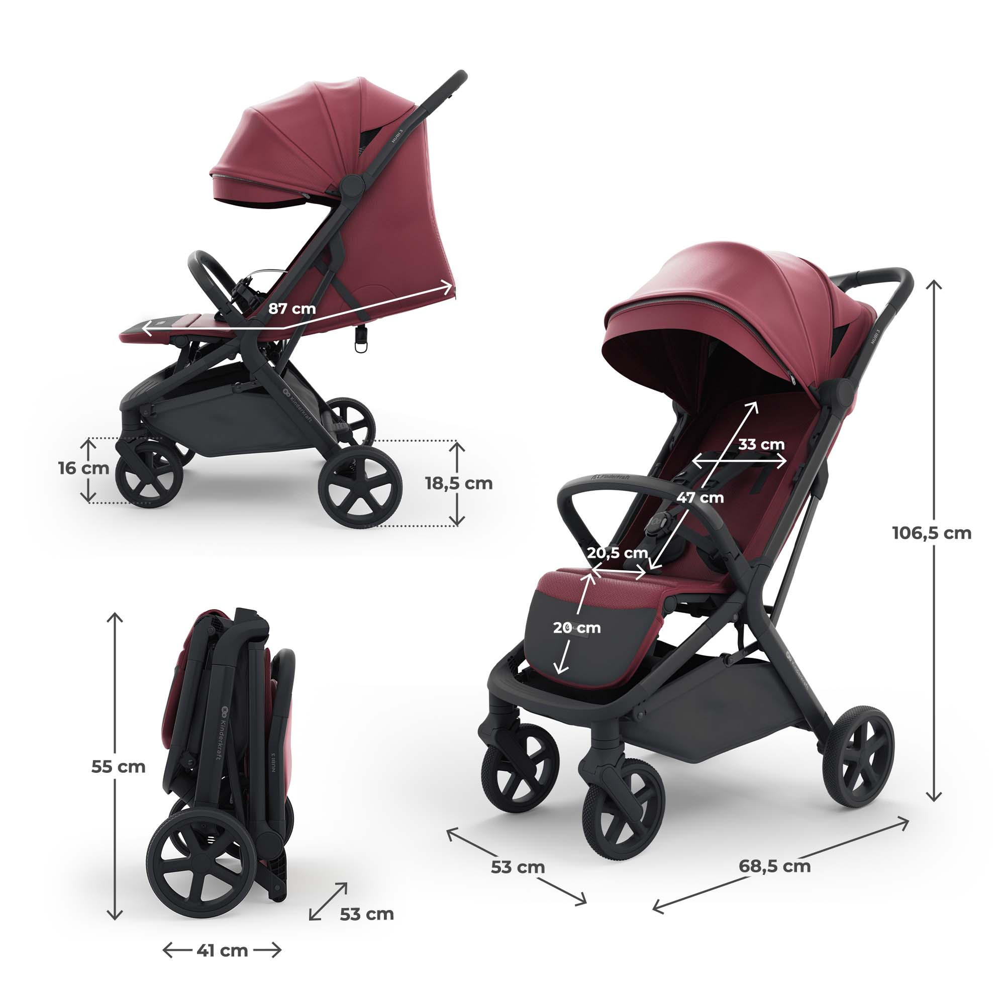 Ein roter Kinderwagen in drei Ansichten mit Maßen.