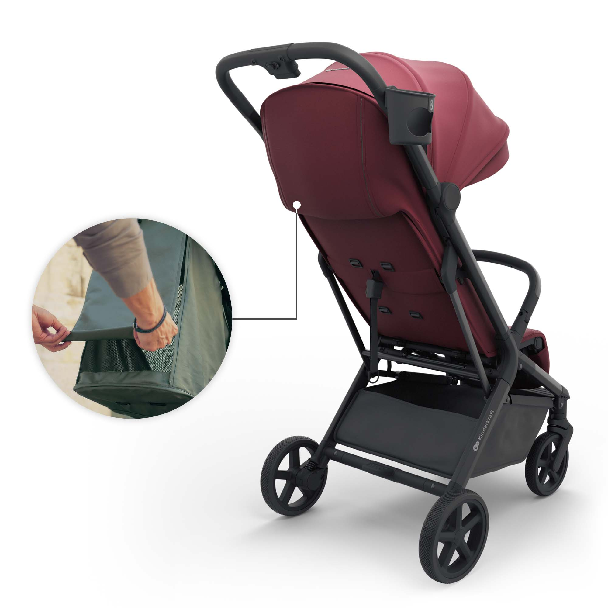 Ein roter Kinderwagen mit schwarzem Gestell. Ein Detail zeigt, wie man eine Tasche öffnet.
