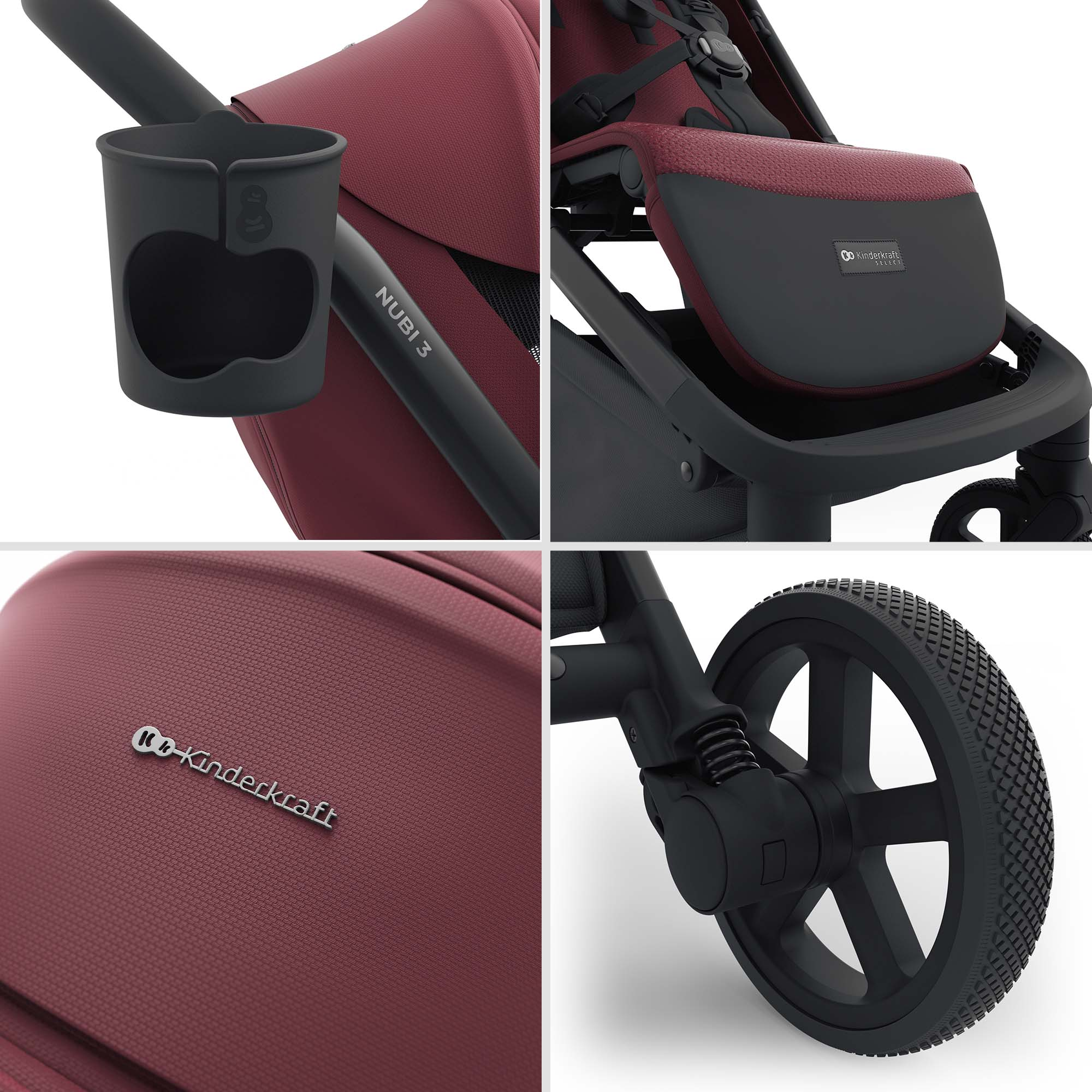 Baby-Kinderwagen-Details: Getränkehalter, Sitz, Logo und Rad.