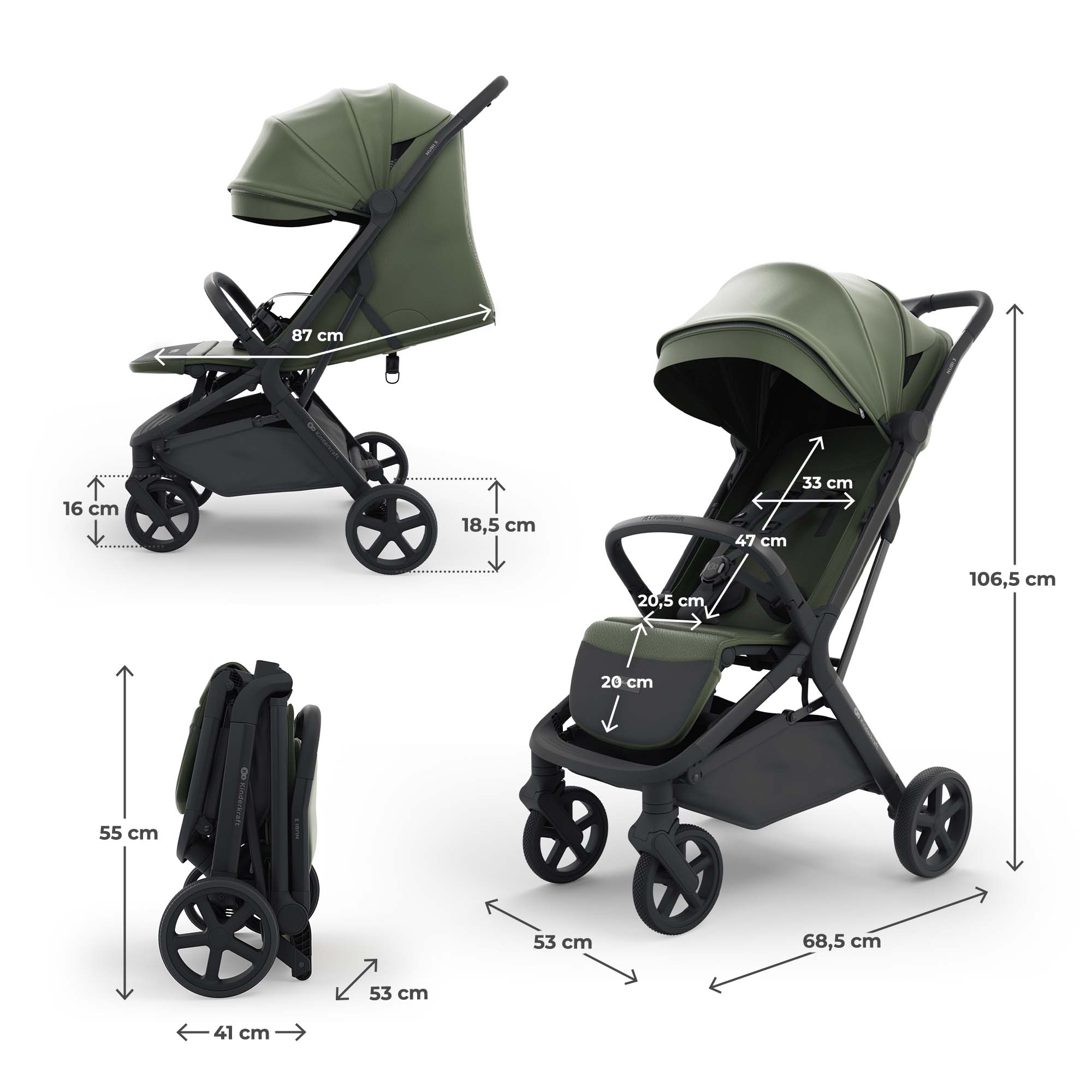 Ein grüner Kinderwagen in drei Ansichten mit Maßen.