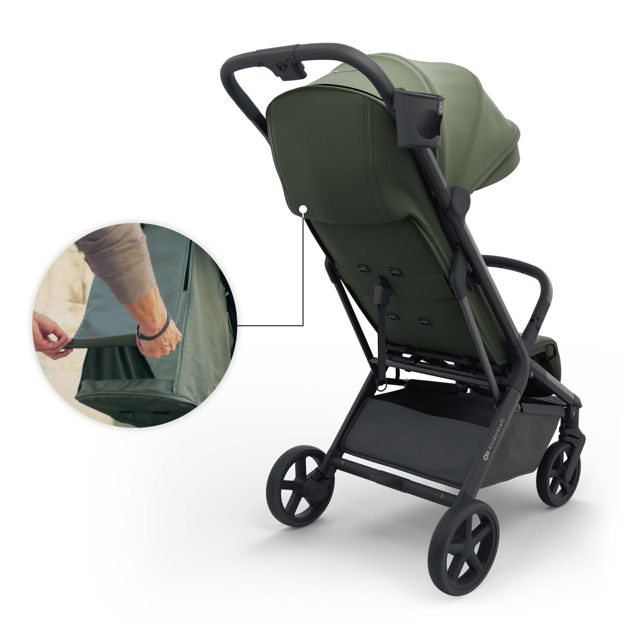 Ein grüner Kinderwagen mit schwarzem Gestell, eine Hand zeigt auf eine Tasche.