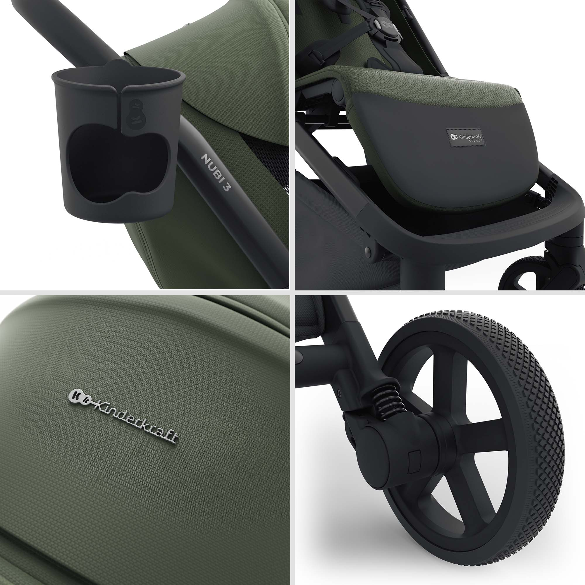 Kinderwagen-Detailansicht: Becherhalter, Stoff, Rad und Logo.