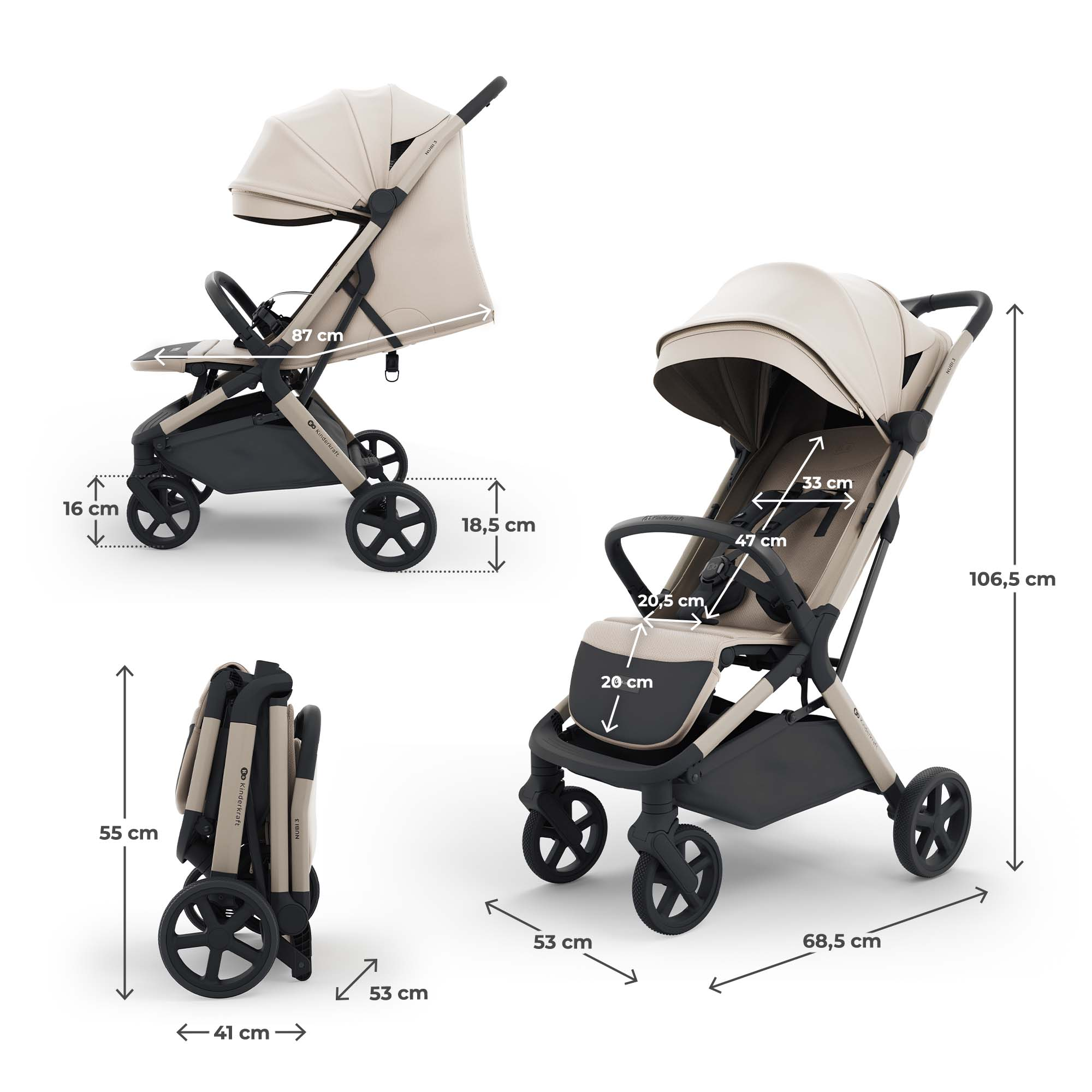 Ein beige Kinderwagen ist aufgeklappt und zusammengeklappt, mit Maßen.