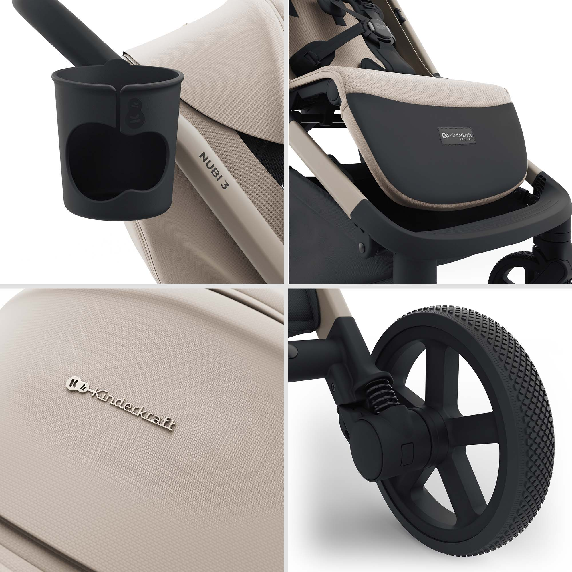 Beiger Kinderwagen mit schwarzem Becherhalter, Rad und Logo.