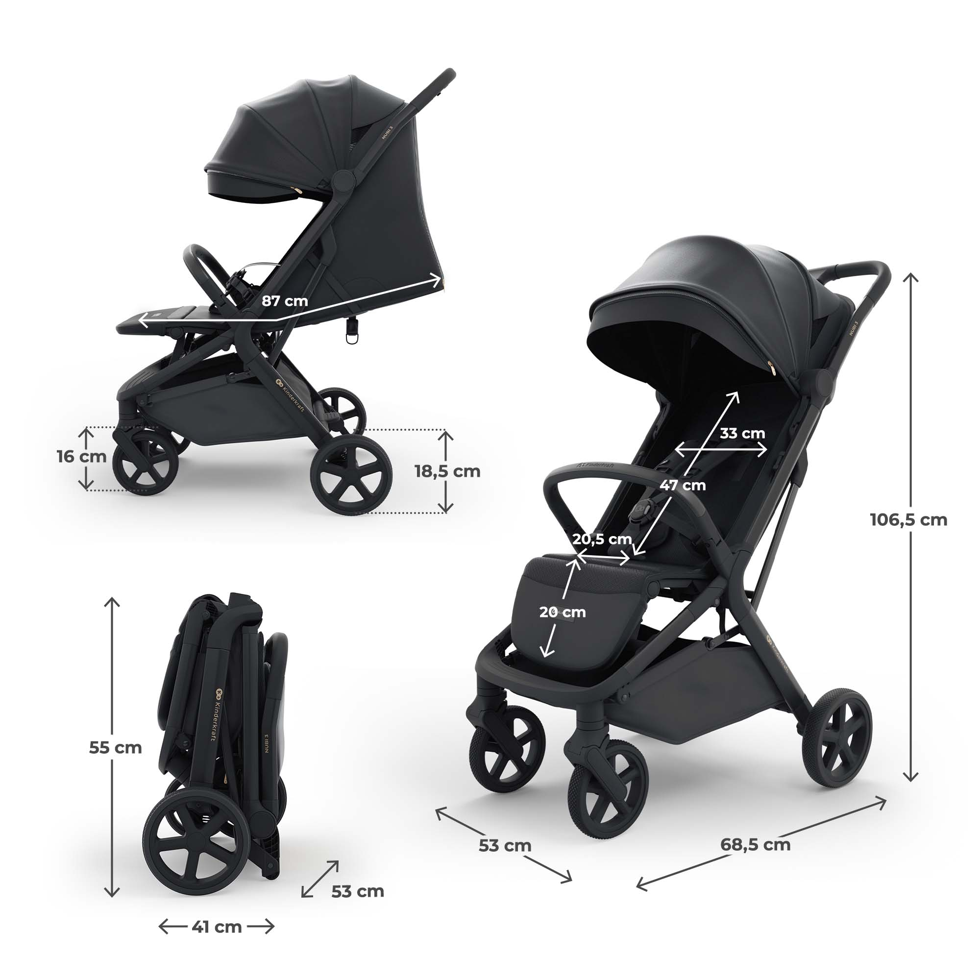 Ein schwarzer Kinderwagen wird in drei Ansichten gezeigt, mit Maßangaben.