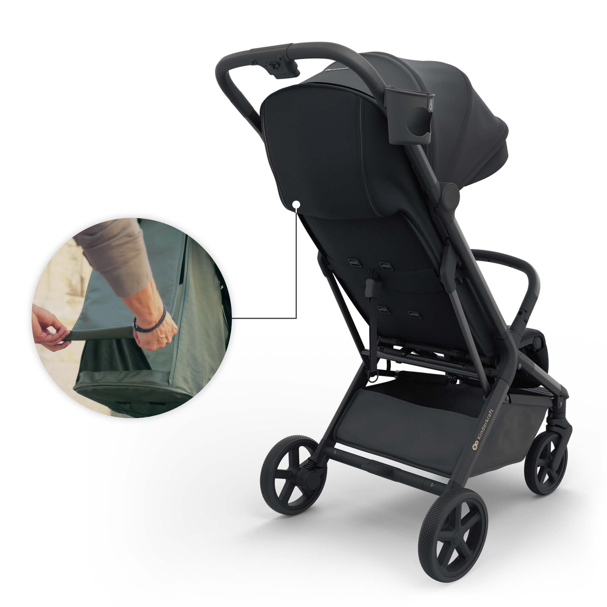 Schwarzer Kinderwagen mit Becherhalter und detaillierter Darstellung des Staufachs.