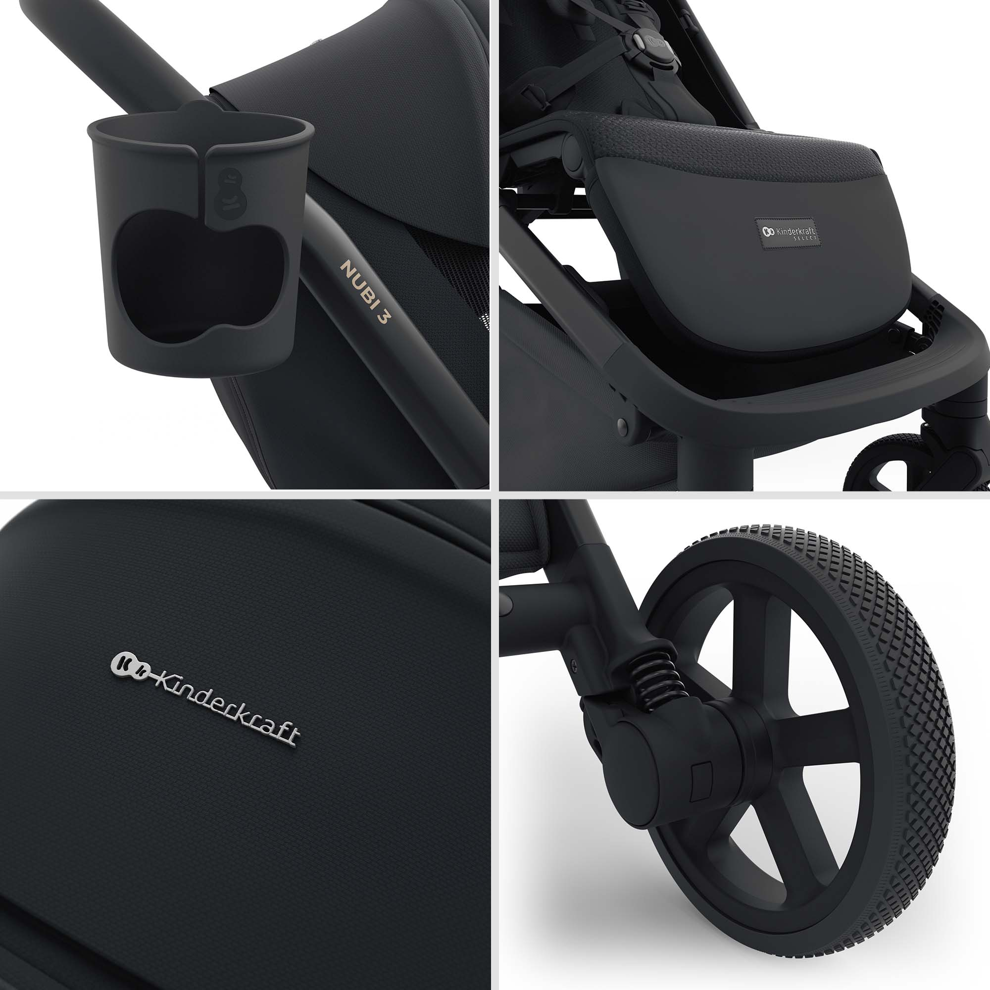 Details eines schwarzen Kinderwagens: Becherhalter, Sitz, Logo und Rad.