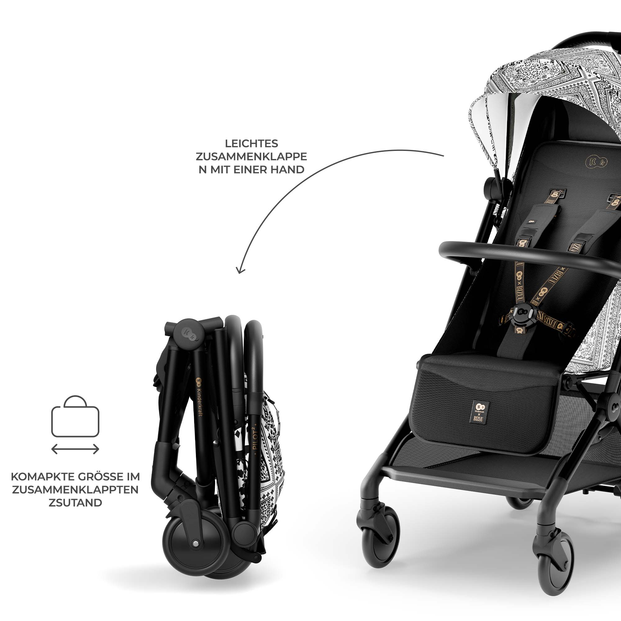 Ein Kinderwagen in Schwarz und Weiß, teilweise zusammengeklappt.