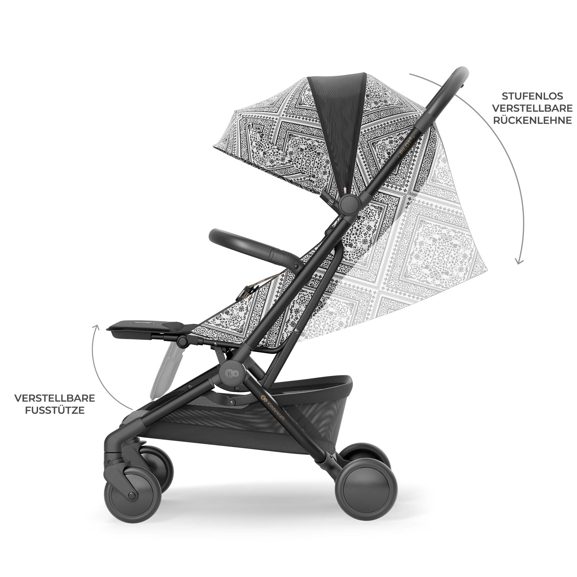 Ein schwarzer Kinderwagen mit schwarz-weißer gemusterterhaube und verstellbarer Rückenlehne.