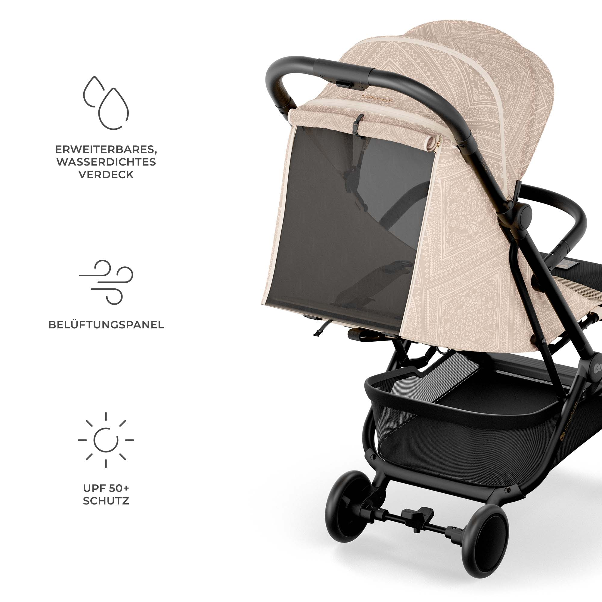 Ein beiger Kinderwagen mit Muster, schwarzem Griff und Netzgewebe.
