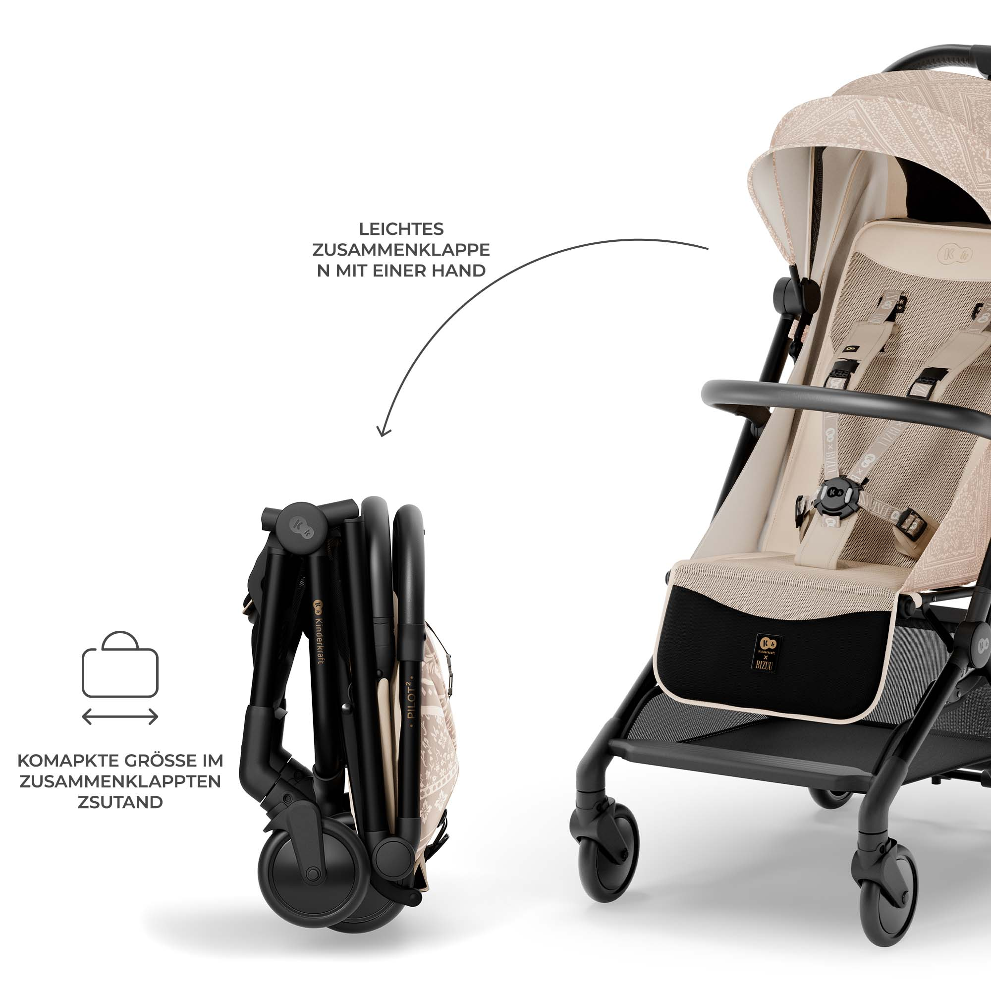 Ein Kinderwagen in Beige und Schwarz, zusammengeklappt und aufgestellt.