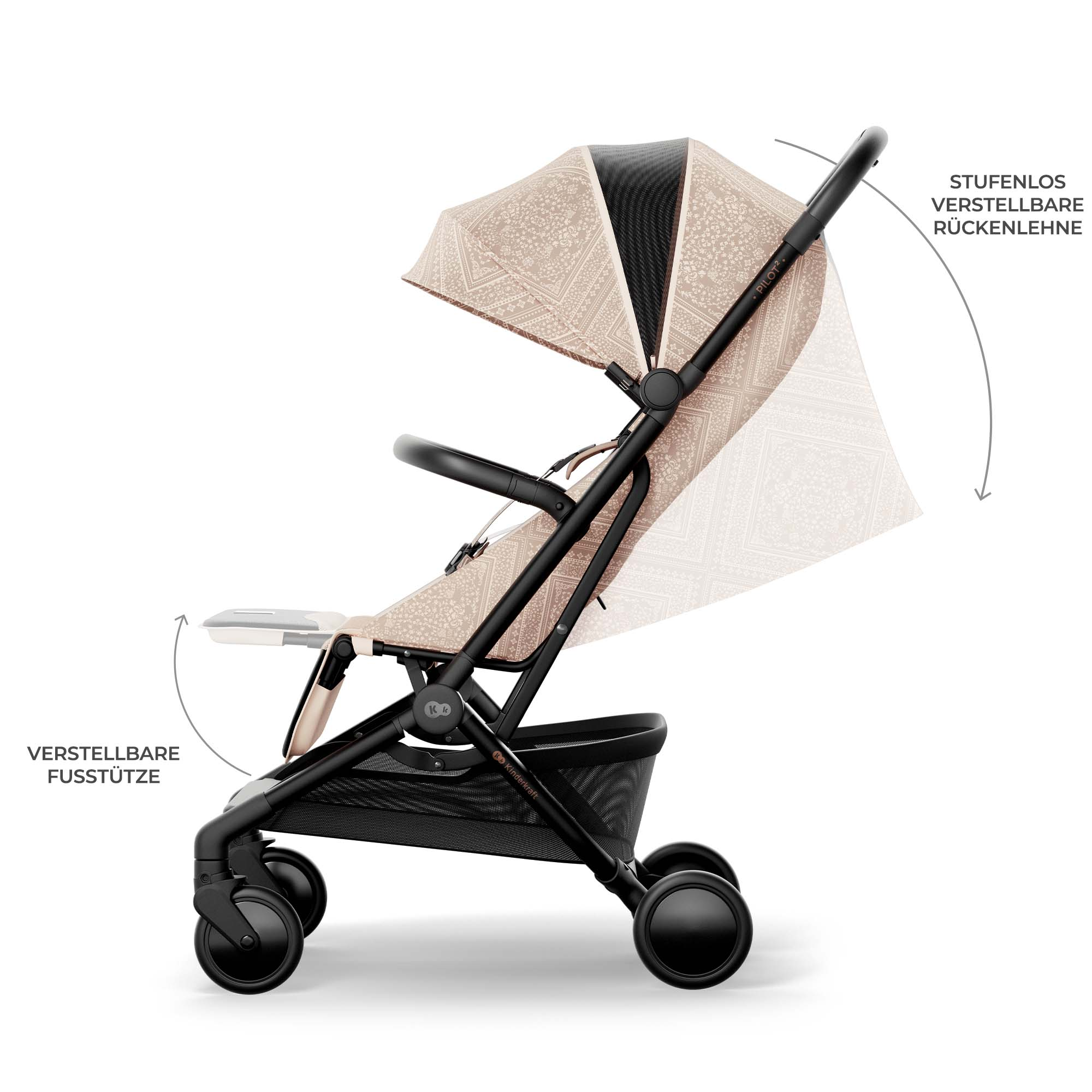 Ein Kinderwagen mit verstellbarer Rückenlehne und Fußstütze.