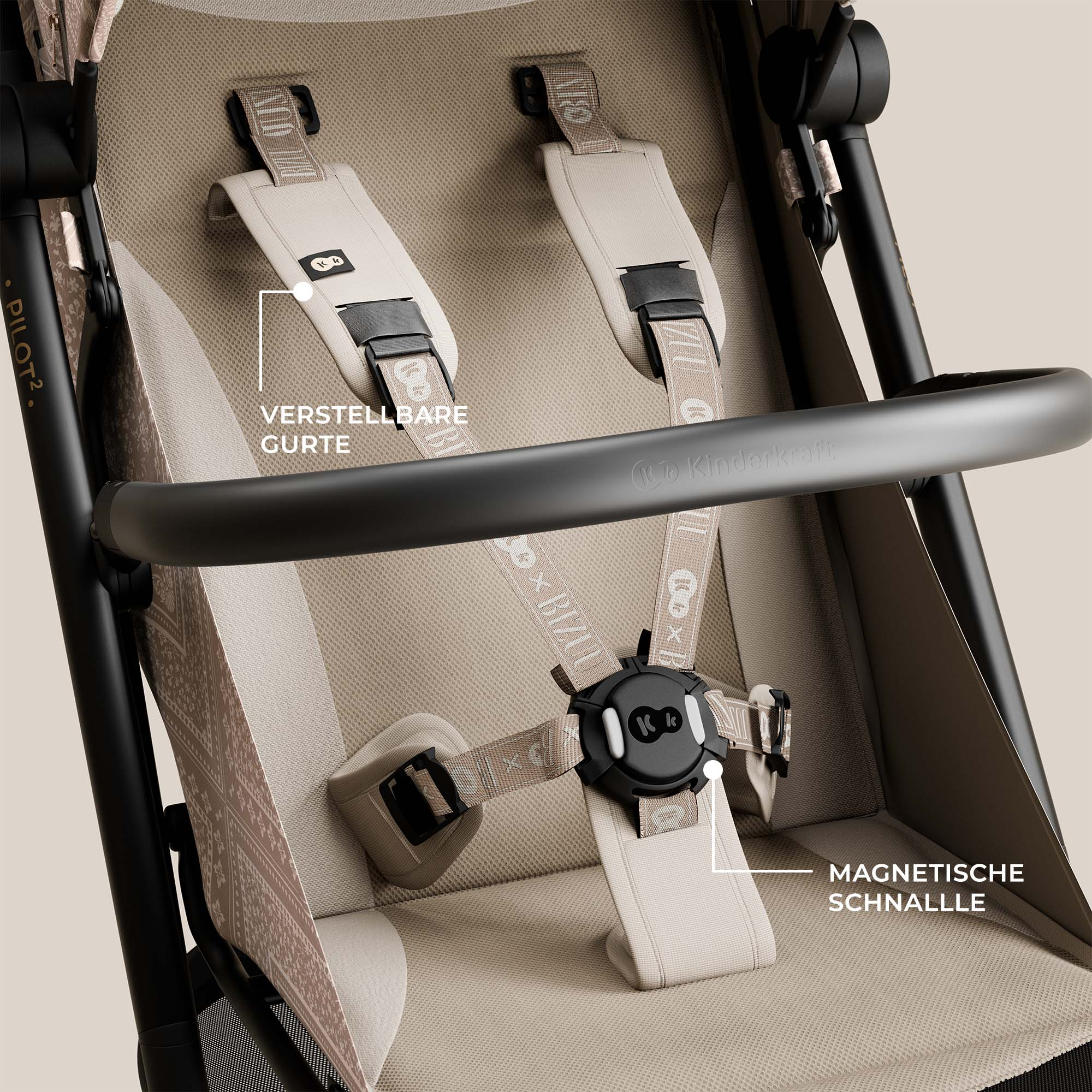Ein Kinderwagen-Sitz mit Gurten und magnetischem Verschluss, beige und schwarz.