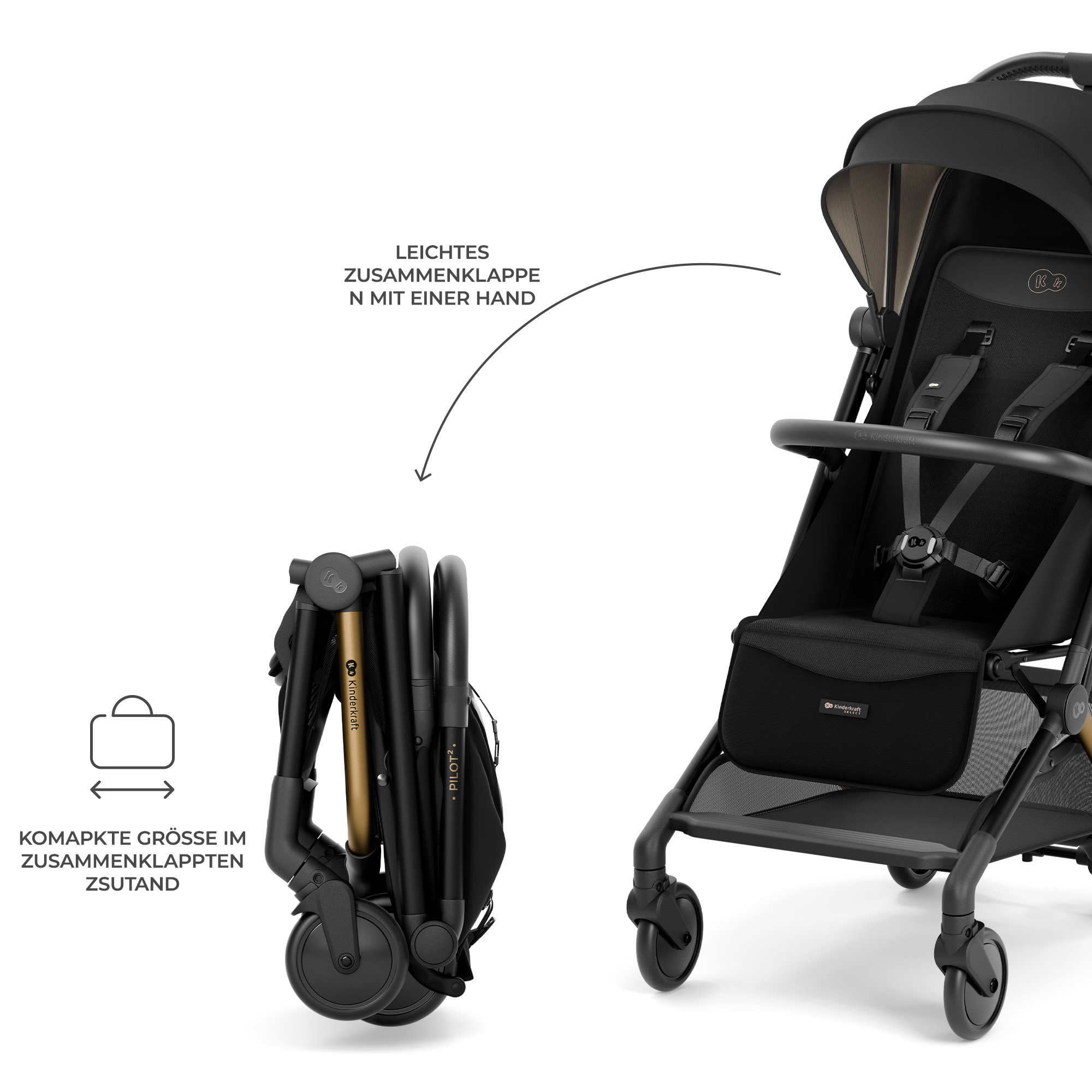 Schwarzer Kinderwagen, einer zusammengeklappt, einer offen. Platzsparend.