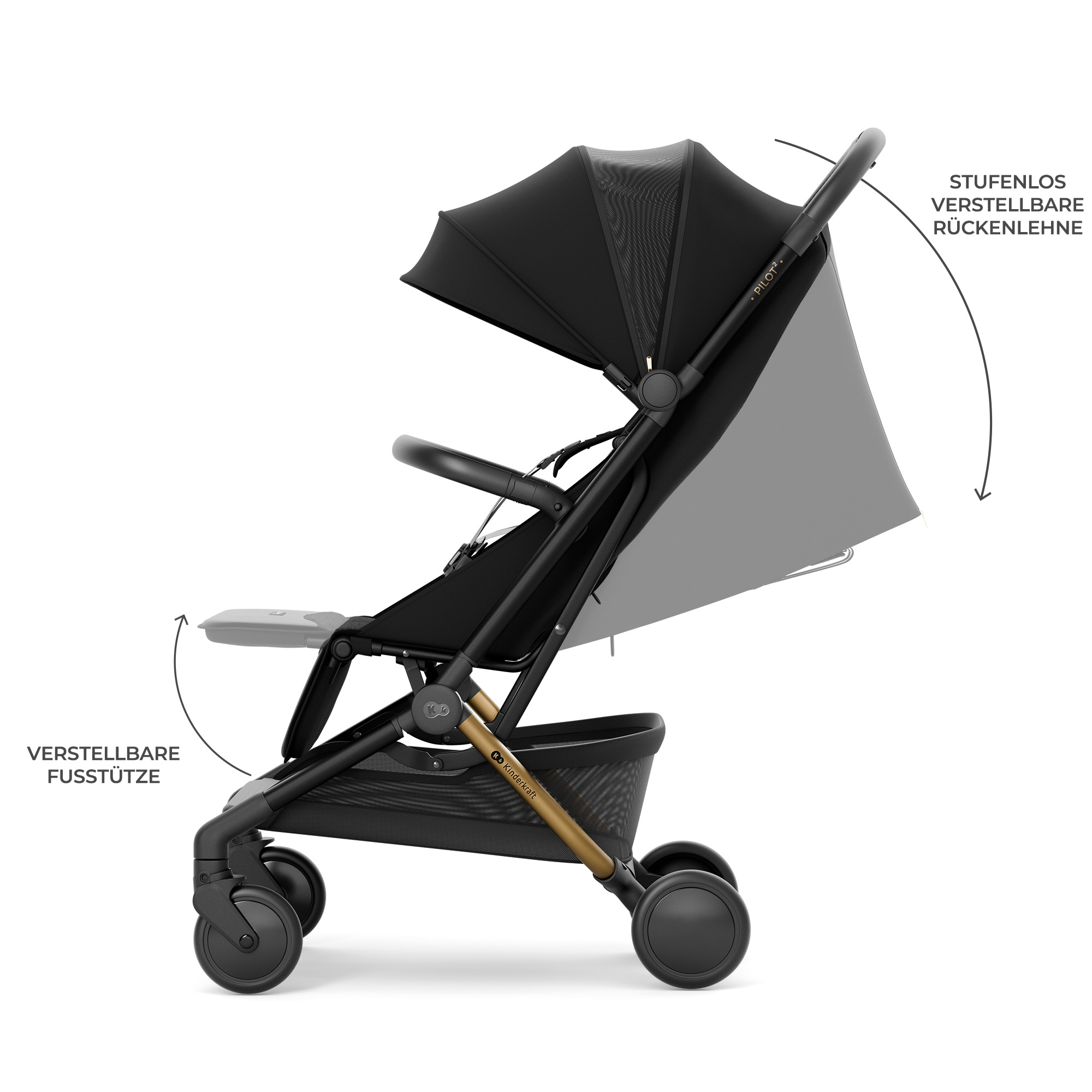Schwarzer Kinderwagen mit verstellbarer Rückenlehne und Fußstütze.
