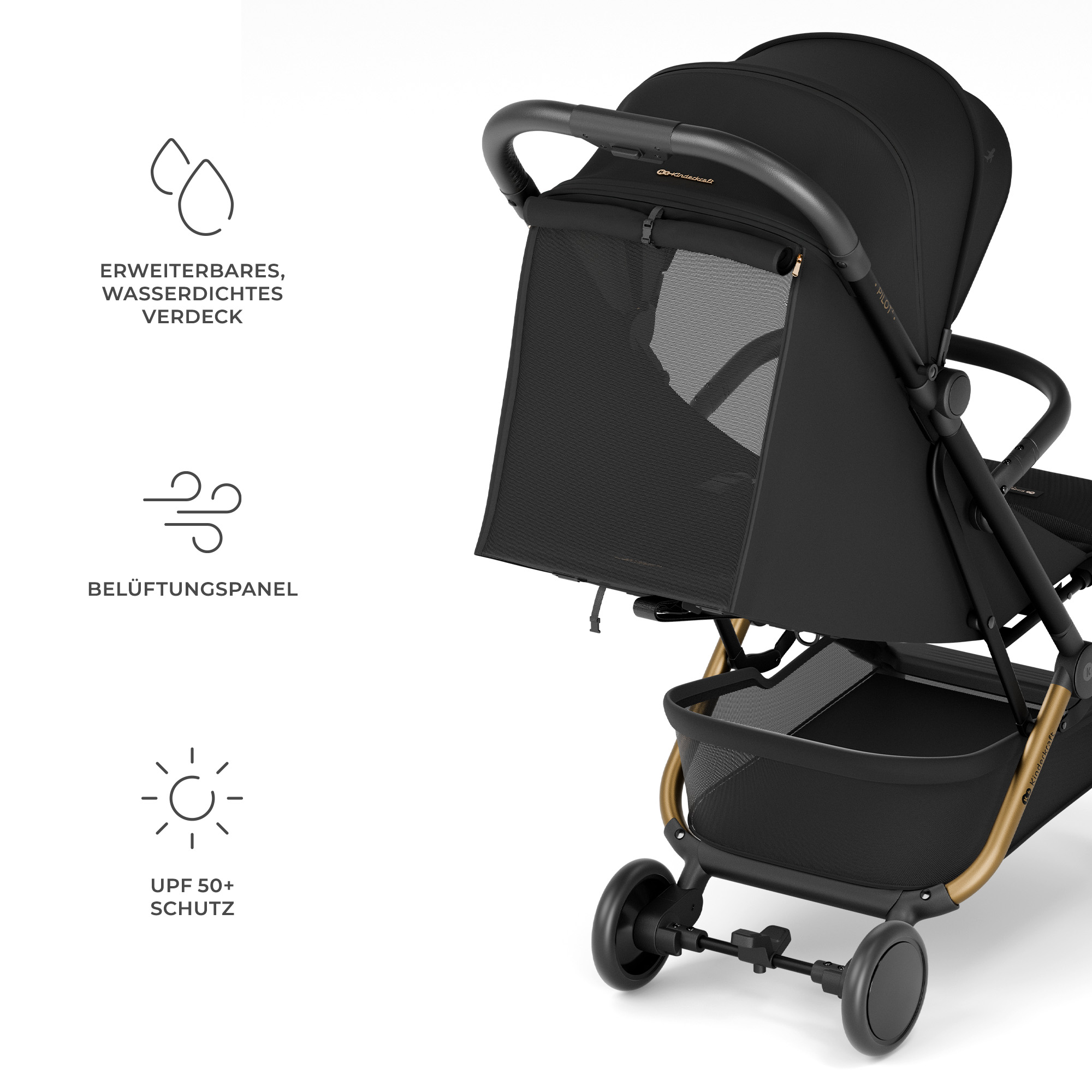 Schwarzer Kinderwagen mit Netzbelüftung und Sonnenschutz. Goldakzente.