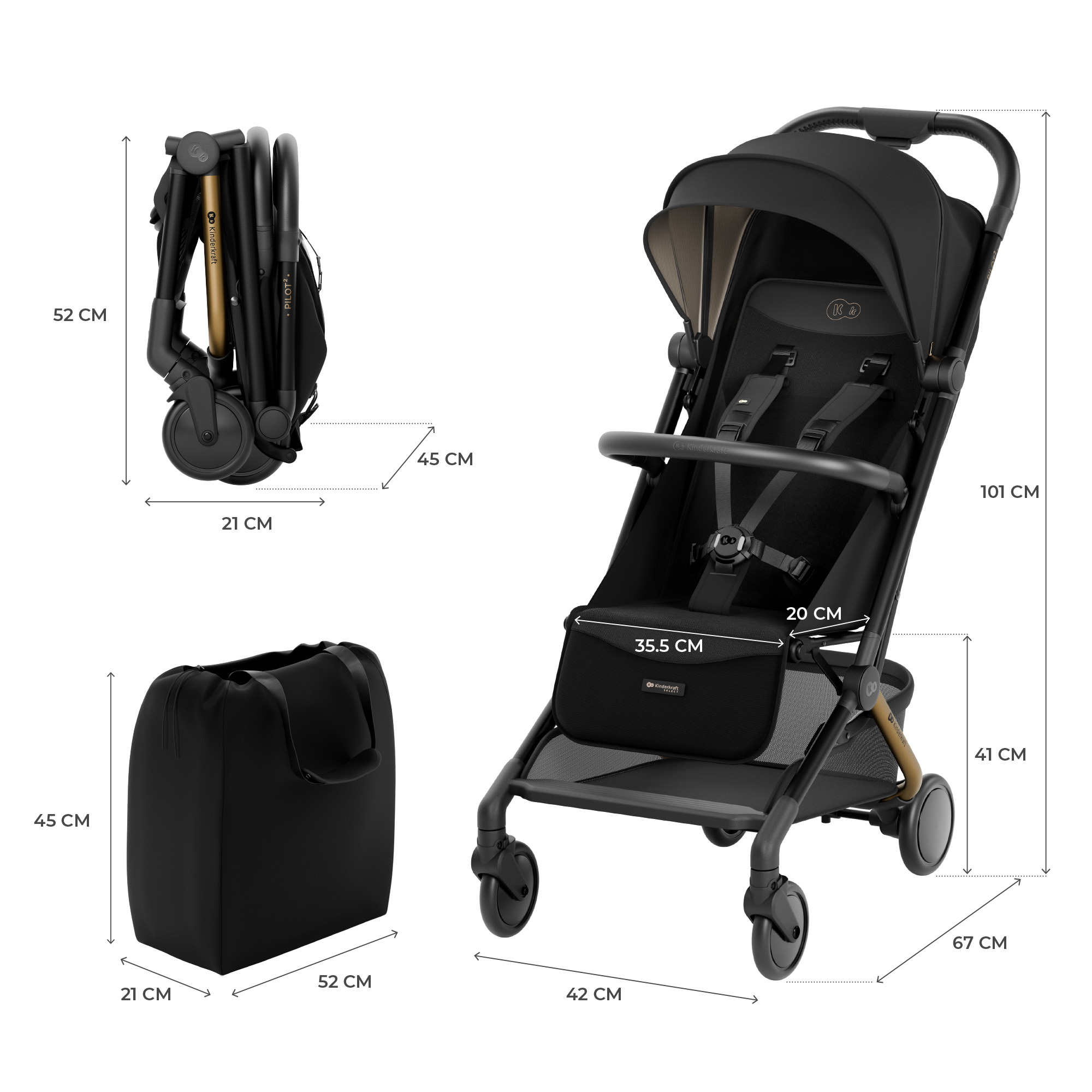 Schwarzer Kinderwagen mit Zubehör und Maßen. Zusammengeklappt 52x21x45 cm.