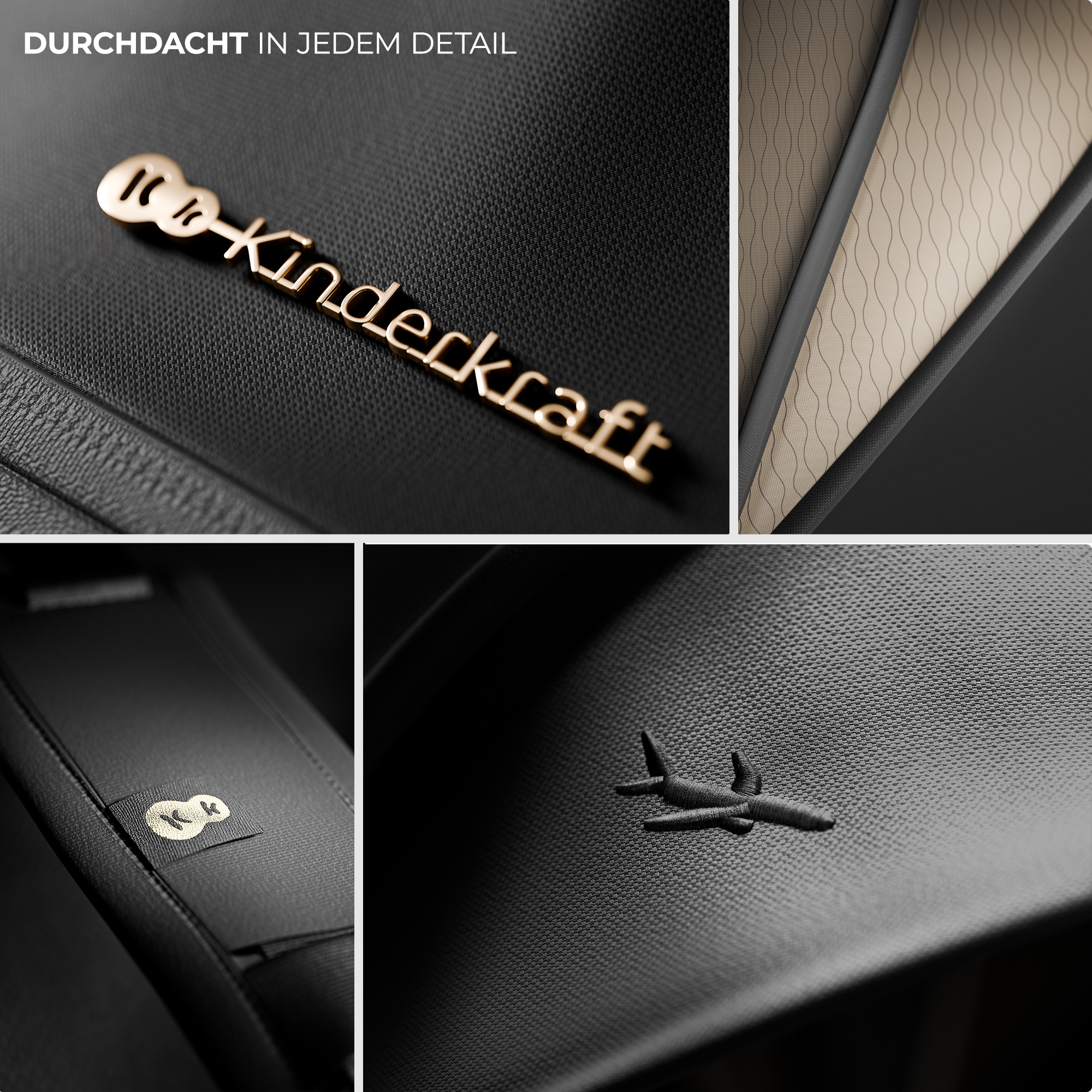 Goldener Schriftzug "Kindercraft" auf schwarzem Stoff. Flugzeug-Stickerei.
