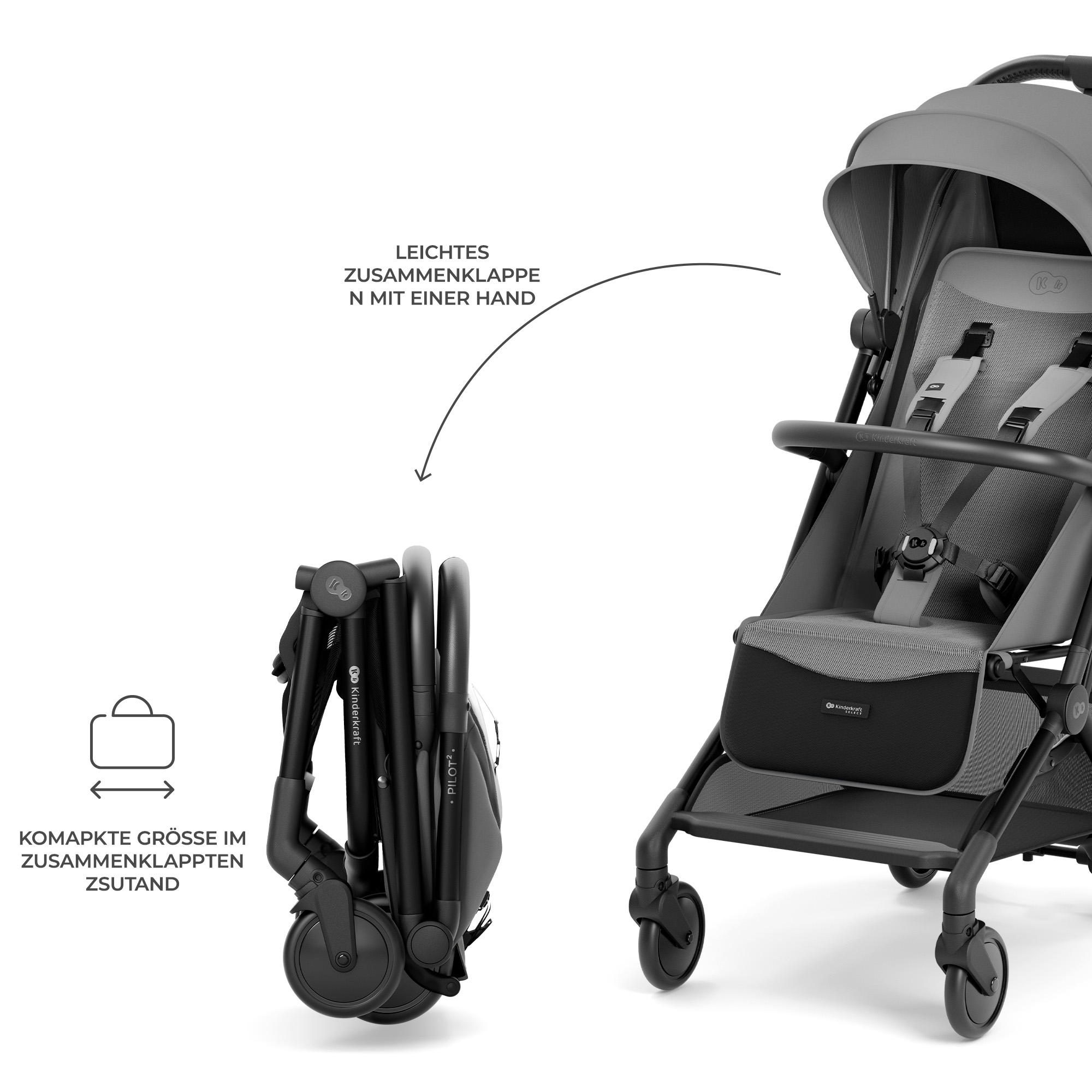 Grauer Kinderwagen, zusammengeklappt und aufgestellt. Leichte Einhandbedienung.