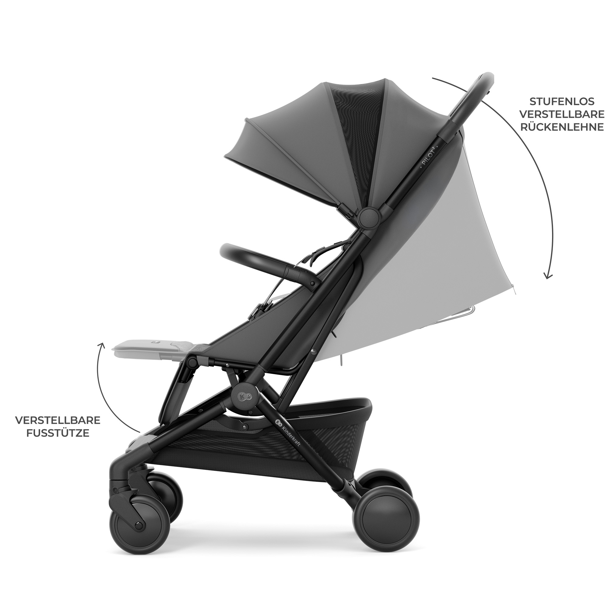 Grauer Kinderwagen mit verstellbarer Rückenlehne und Fußstütze.