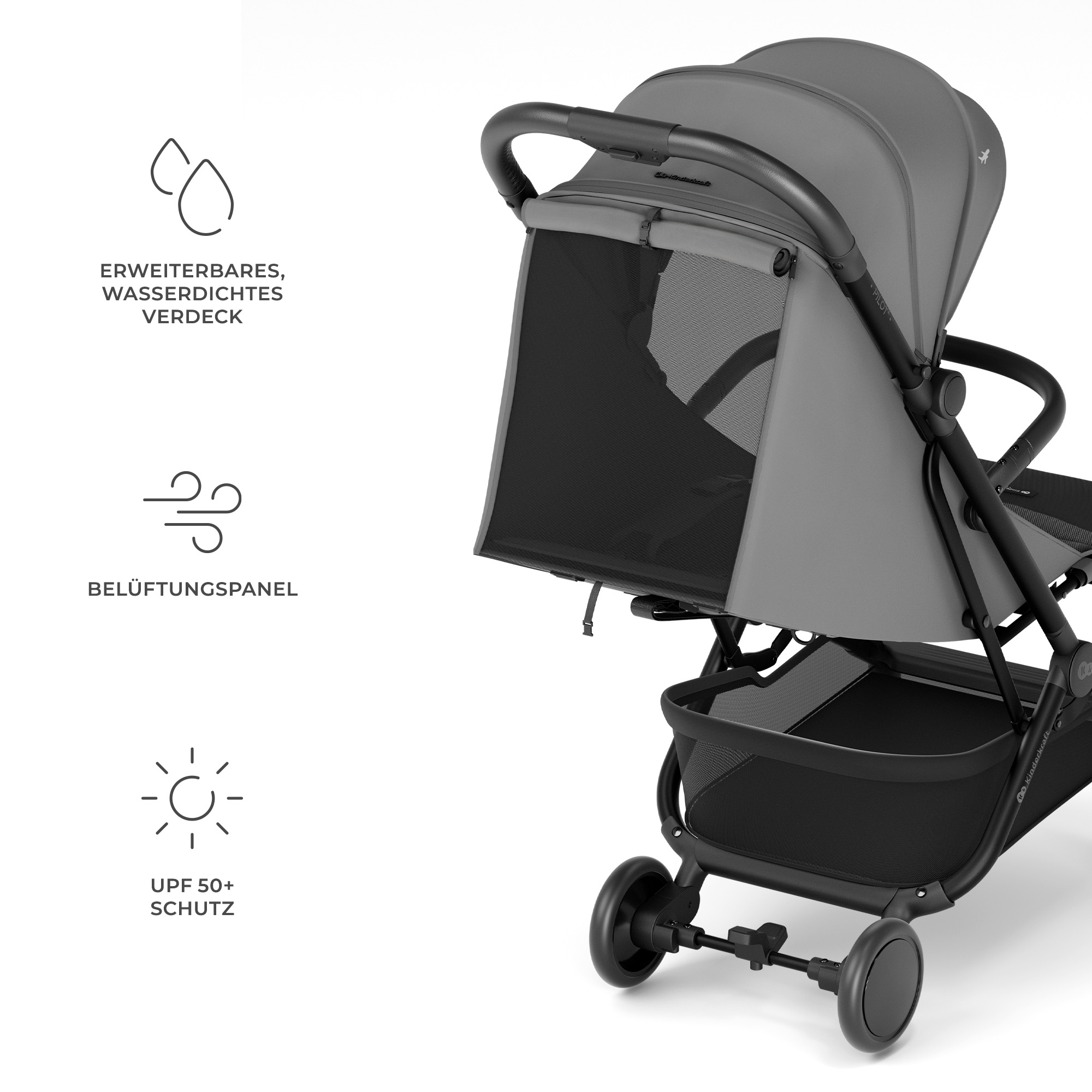 Grauer Kinderwagen mit Netzfenster und schwarzem Korb. Grafiken zeigen Wasser, Wind und Sonne.