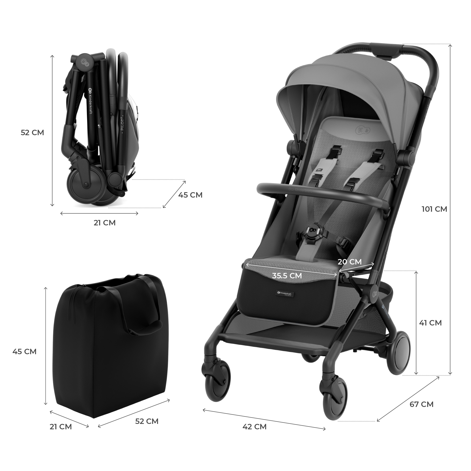 Ein grauer Kinderwagen und eine schwarze Tragetasche mit Maßen.