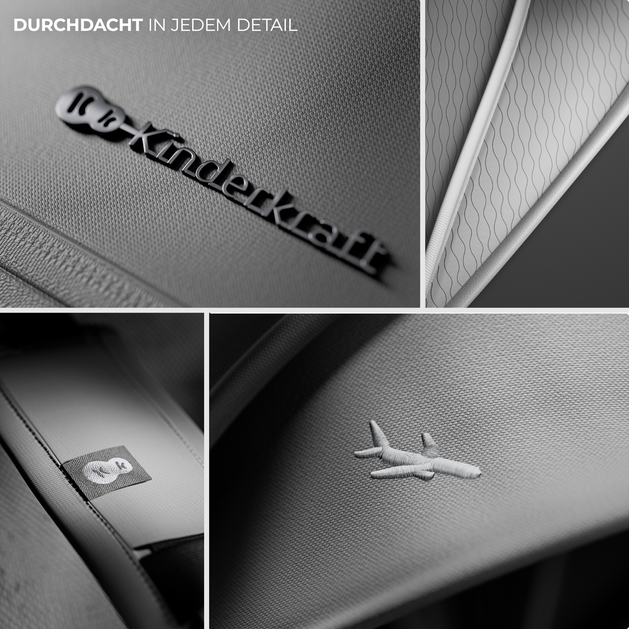 Nahaufnahme des Kinderkraft-Logos und eines Flugzeugemblems auf einem grauen Stoff.