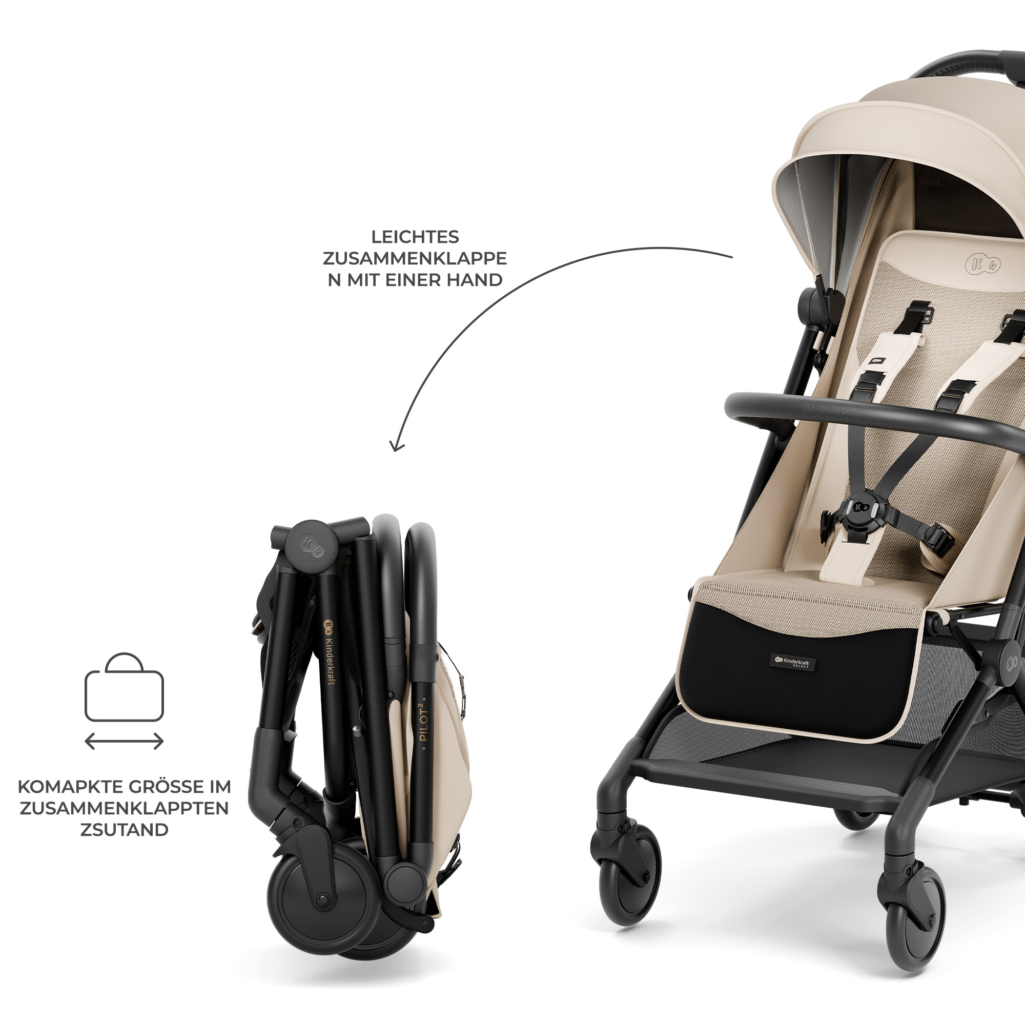 Ein Kinderwagen in Beige und Schwarz, zusammengeklappt und auseinandergeklappt.