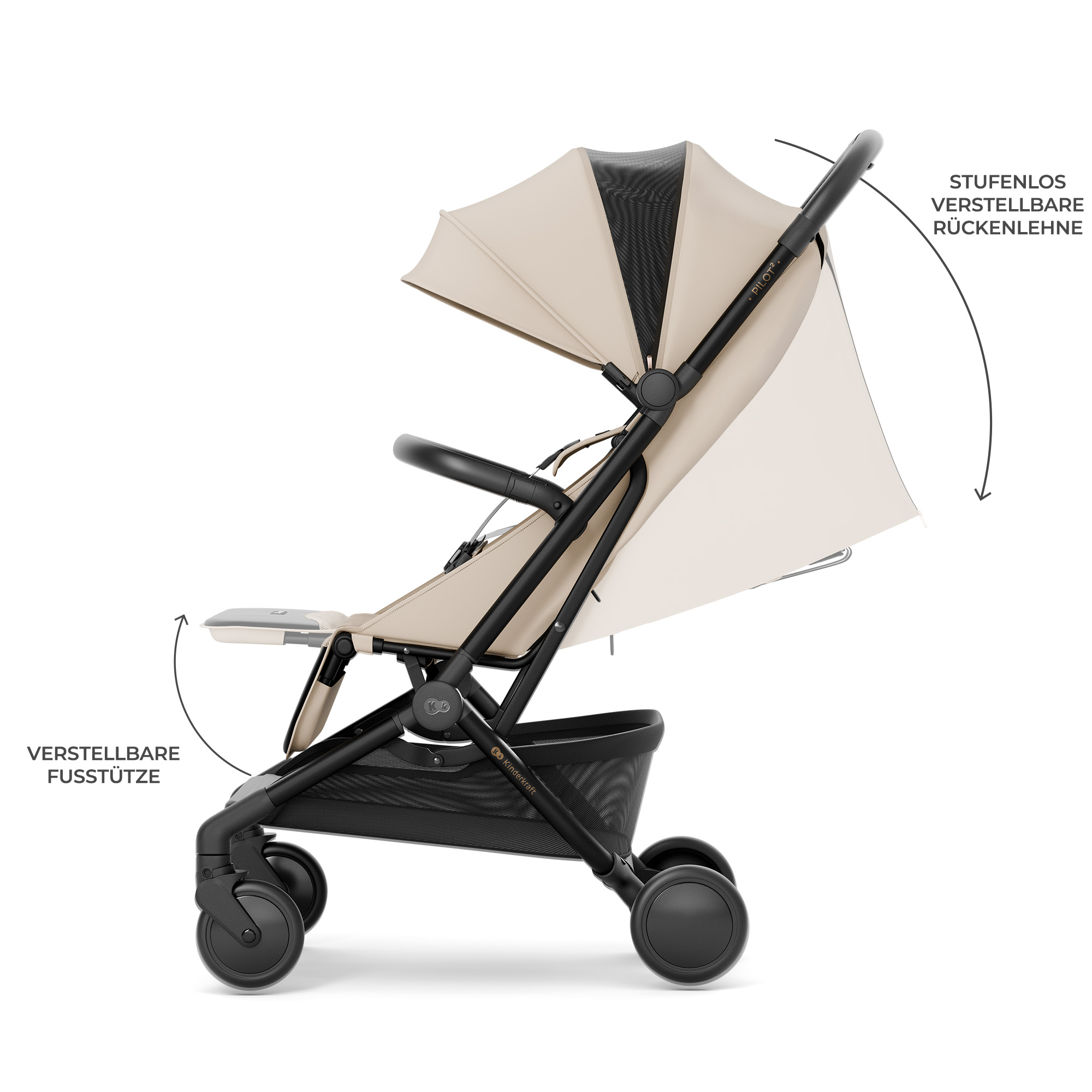 Beige Kinderwagen mit schwarzem Rahmen, verstellbare Rückenlehne und Fußstütze.